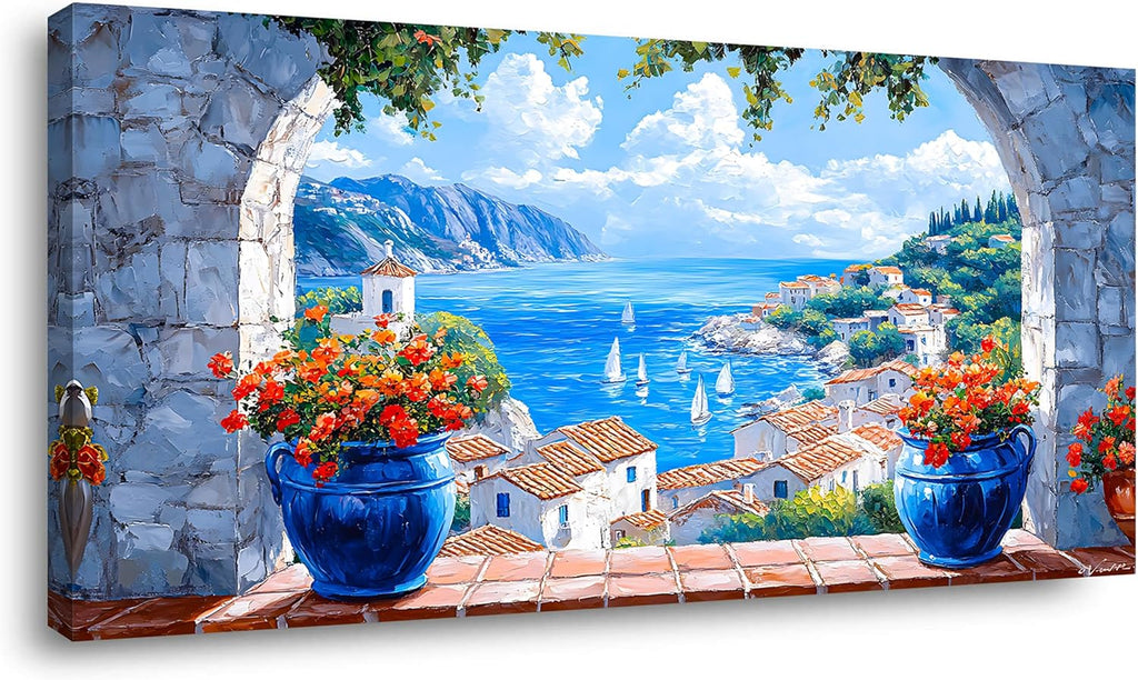 LAVIKARS Seascape Wall Art Navy blue Oil Painting Reproduction Print Modern window view Canvas Paintings Artwork Landscape Picture for Living Room Bedroom Home Kitchen Decor (28x58inch)