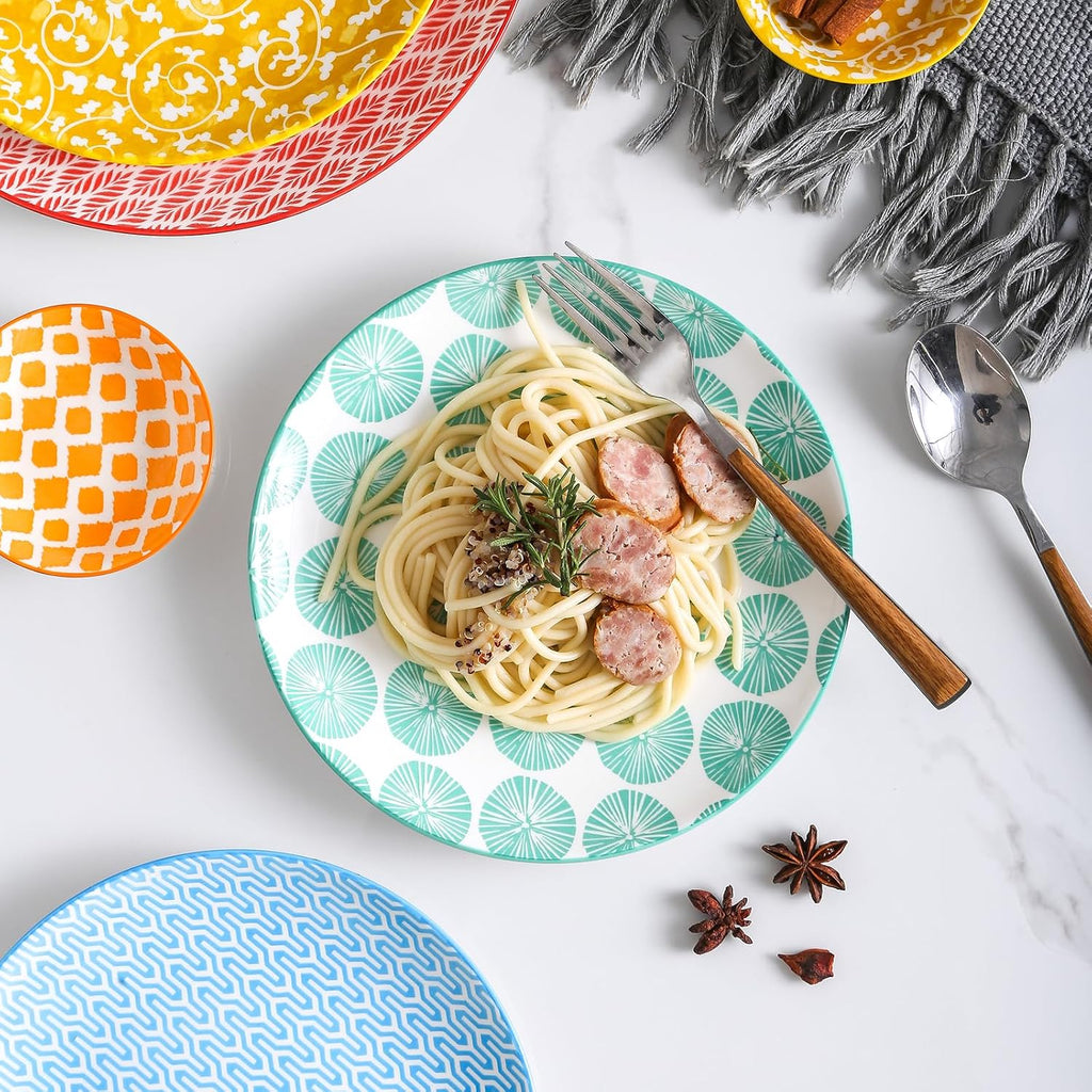 Selamica Ceramic Dinnerware Sets for 6, 24 Piece Plates and Bowls Sets, Scratch Resistant Dishes Set-Dishwasher & Microwave & Oven Safe, Assorted Colors A