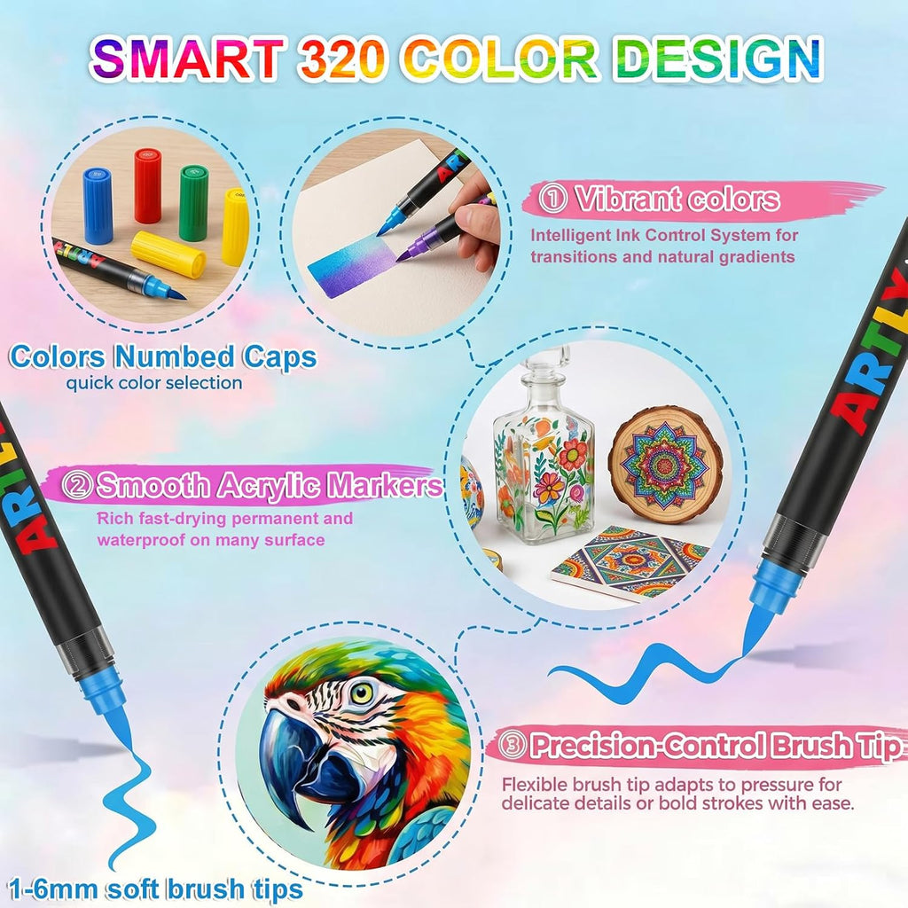 320 Colors Soft Brush Tip Acrylic Markers Set, Paint Pens for Rock, Wood, Fabric, Canvas, Glass, DIY Crafts, Waterproof Paint Markers, Vibrant Acrylic Pens for Artists and Art Projects
