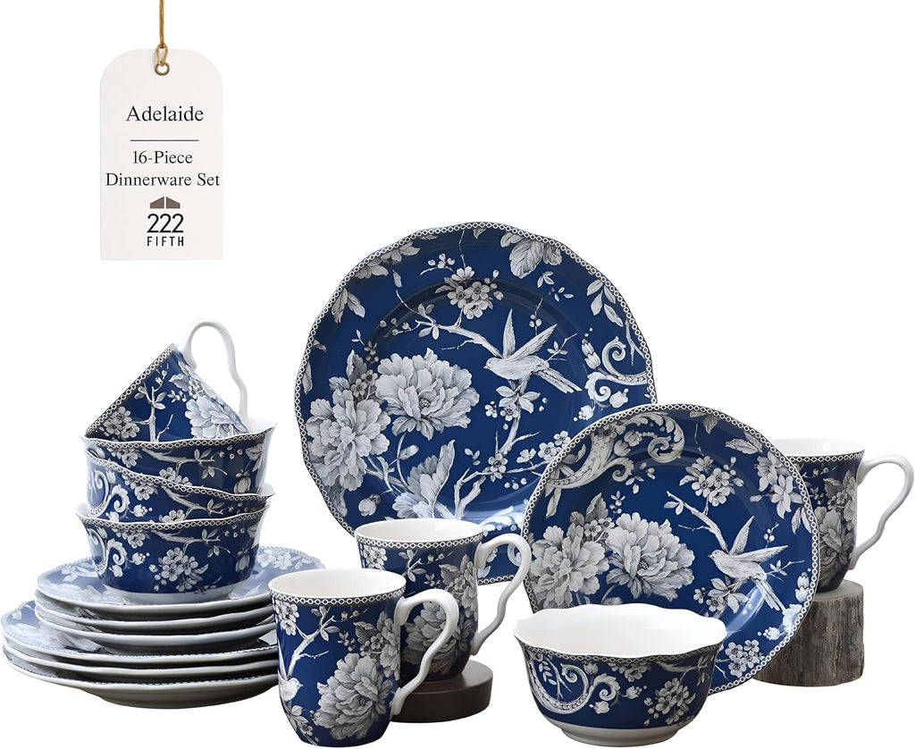 222 Fifth Adelaide 16-Piece Dark Blue Porcelain Dinnerware Set – Service for 4, Plate, Bowl & Mug Set, Bird & Floral Design, Everyday Big Dinner Plates and Bowls Sets, Microwave & Dishwasher Safe