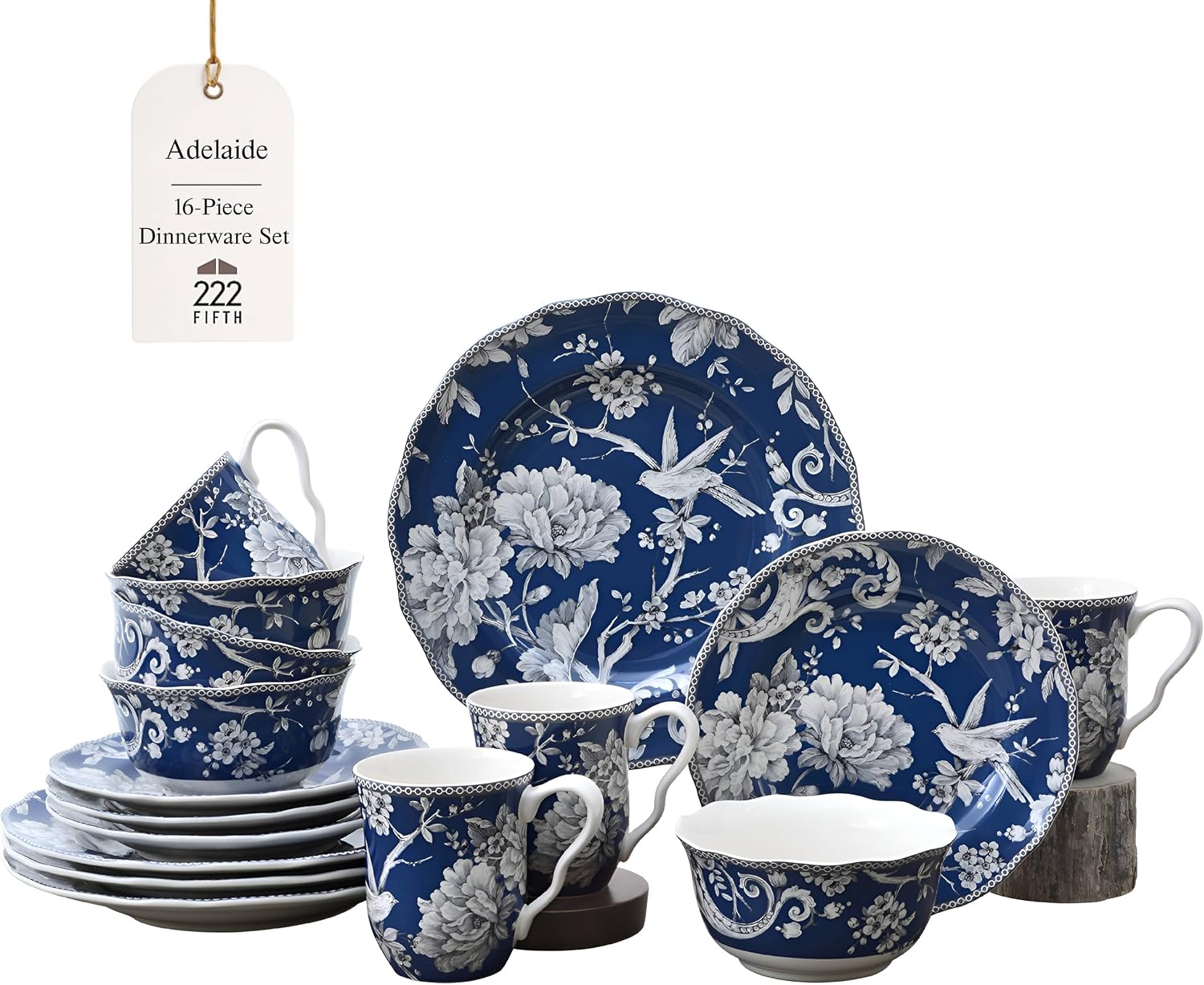 222 Fifth Adelaide 16-Piece Dark Blue Porcelain Dinnerware Set – Service for 4, Plate, Bowl & Mug Set, Bird & Floral Design, Everyday Big Dinner Plates and Bowls Sets, Microwave & Dishwasher Safe