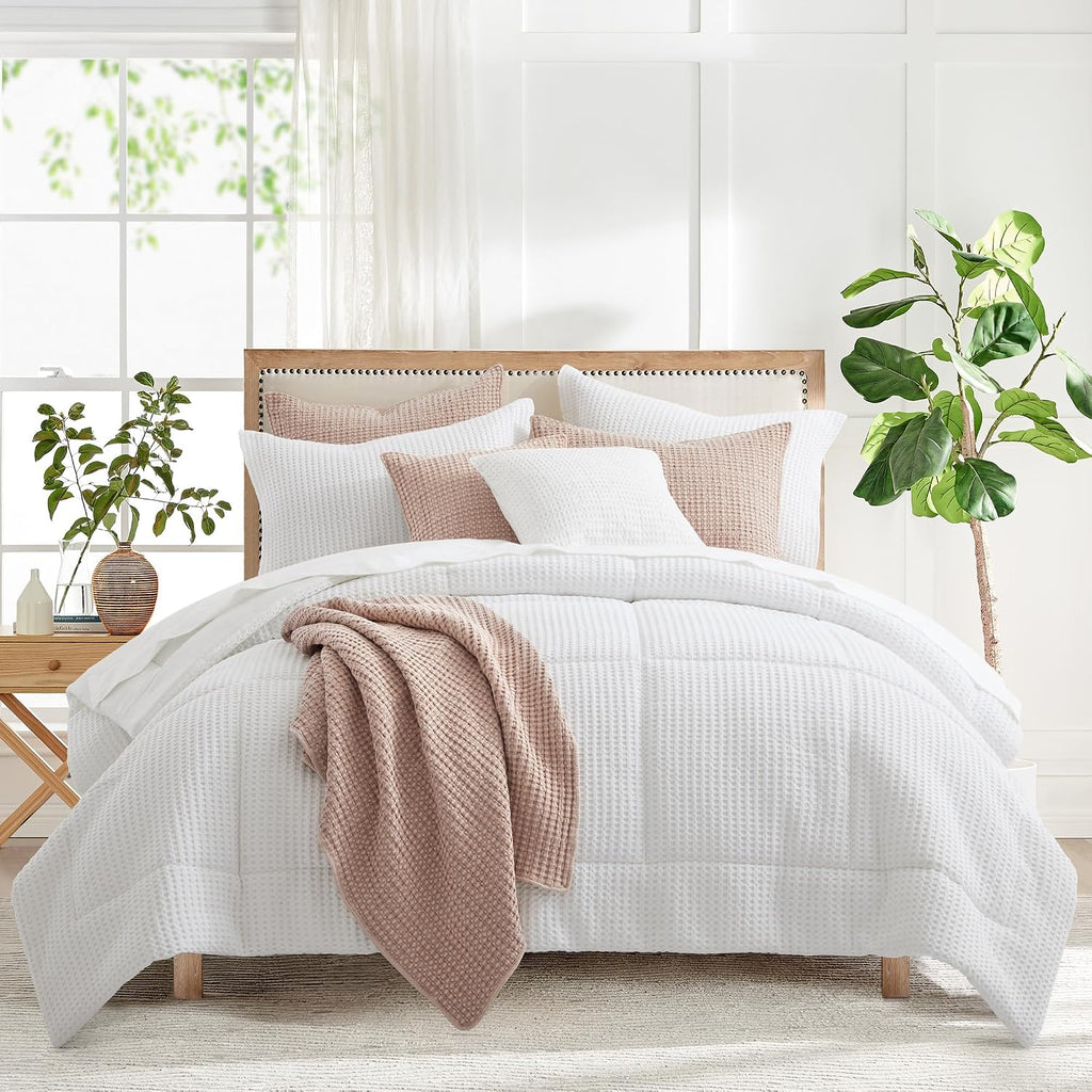 Levtex Home Mills Waffle Full/Queen Comforter Set (90x94in) with 2 Pillow Shams (26x20in) - Bright White - 100% Cotton Full/Queen Size Comforter Set - Soft, Pre-Washed