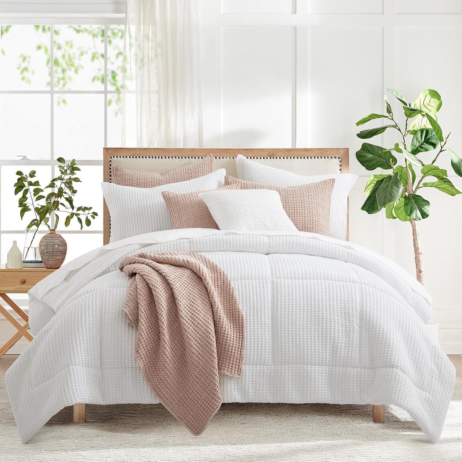 Levtex Home Mills Waffle Full/Queen Comforter Set (90x94in) with 2 Pillow Shams (26x20in) - Bright White - 100% Cotton Full/Queen Size Comforter Set - Soft, Pre-Washed