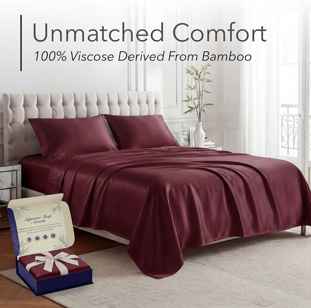 DECOLURE 100% Viscose Derived from Bamboo Sheets Queen Size - Luxury 4 Pc Naturally Cooling Sheets, Ultra Soft Bed Set - Deep 17' Pockets, Durable Double Stitching, Oeko Tex Standard (Burgundy)