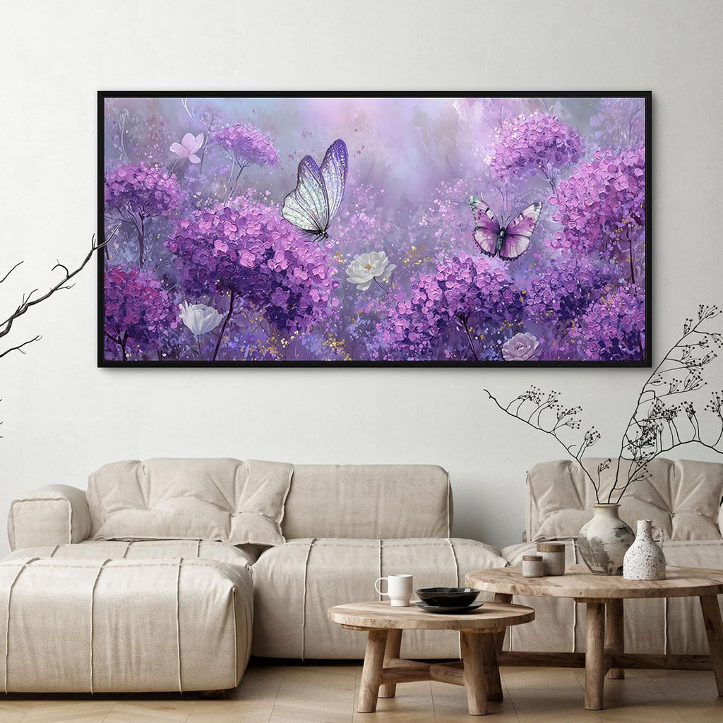 yiijeah Purple Wall Art Bedroom Canvas Lavender Bathroom Decor Butterfly Picture Items for Women Framed Artwork Print 58x29 Inches