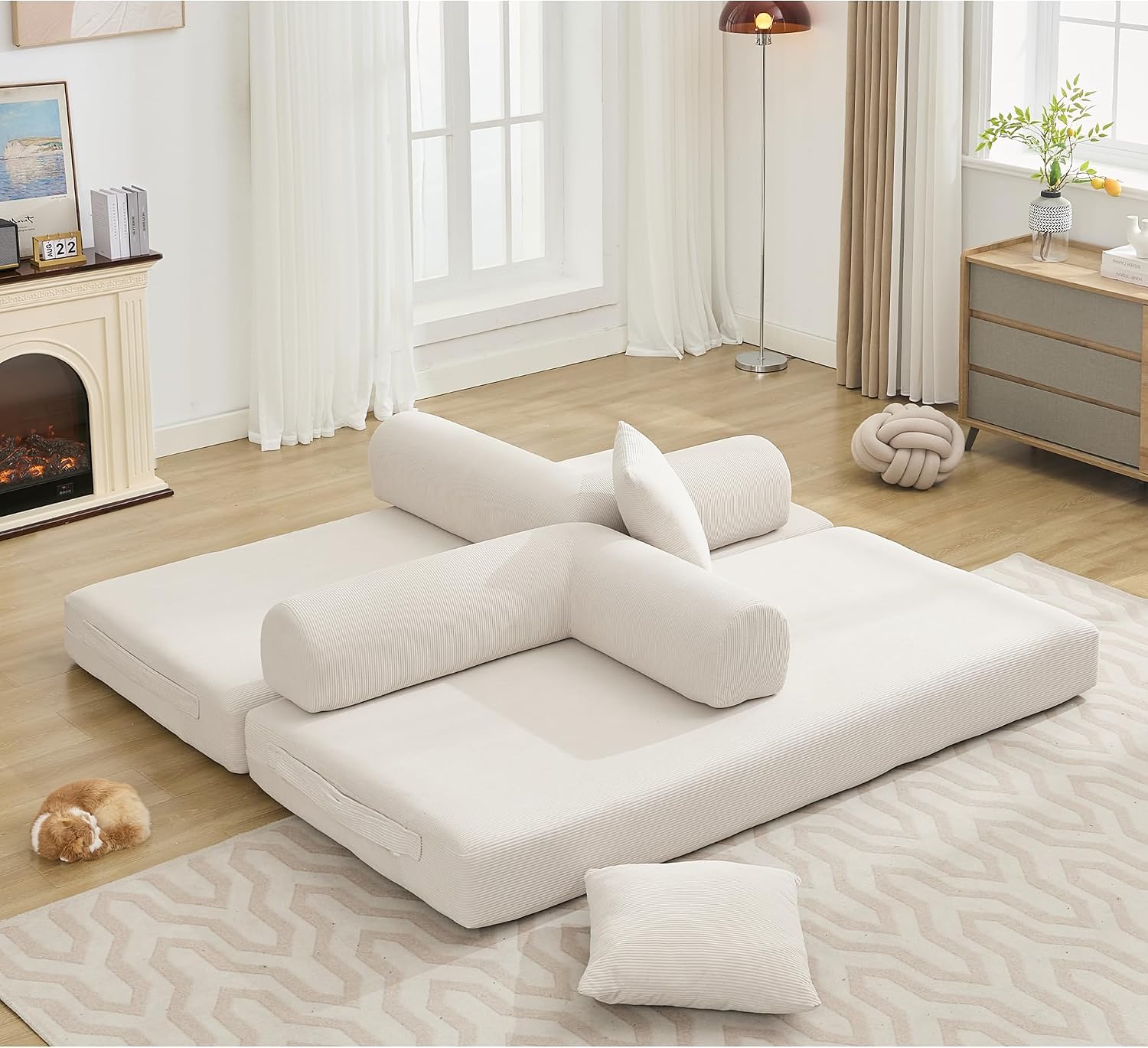 WILLIAMSPACE 78.5' Modern Loveseat Sofa Fold-Out Sofa Bed, Convertible Chair Floor Couch with Removable Backrest, Comfy King Size Sofa Bed for Living Room, Bedroom, Corduroy Fabric (Beige)