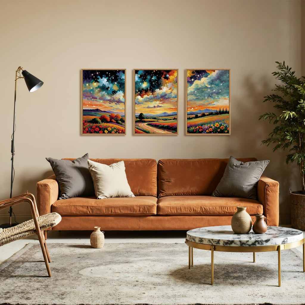Large Abstract Mountain Flower Framed Canvas Wall Art,Colorful Starry Night Wall Decor,Retro Natural Wildflower Wall Painting,Field Artwork for Living Room,Bedroom,Dining Room,Office -24'x36'x3