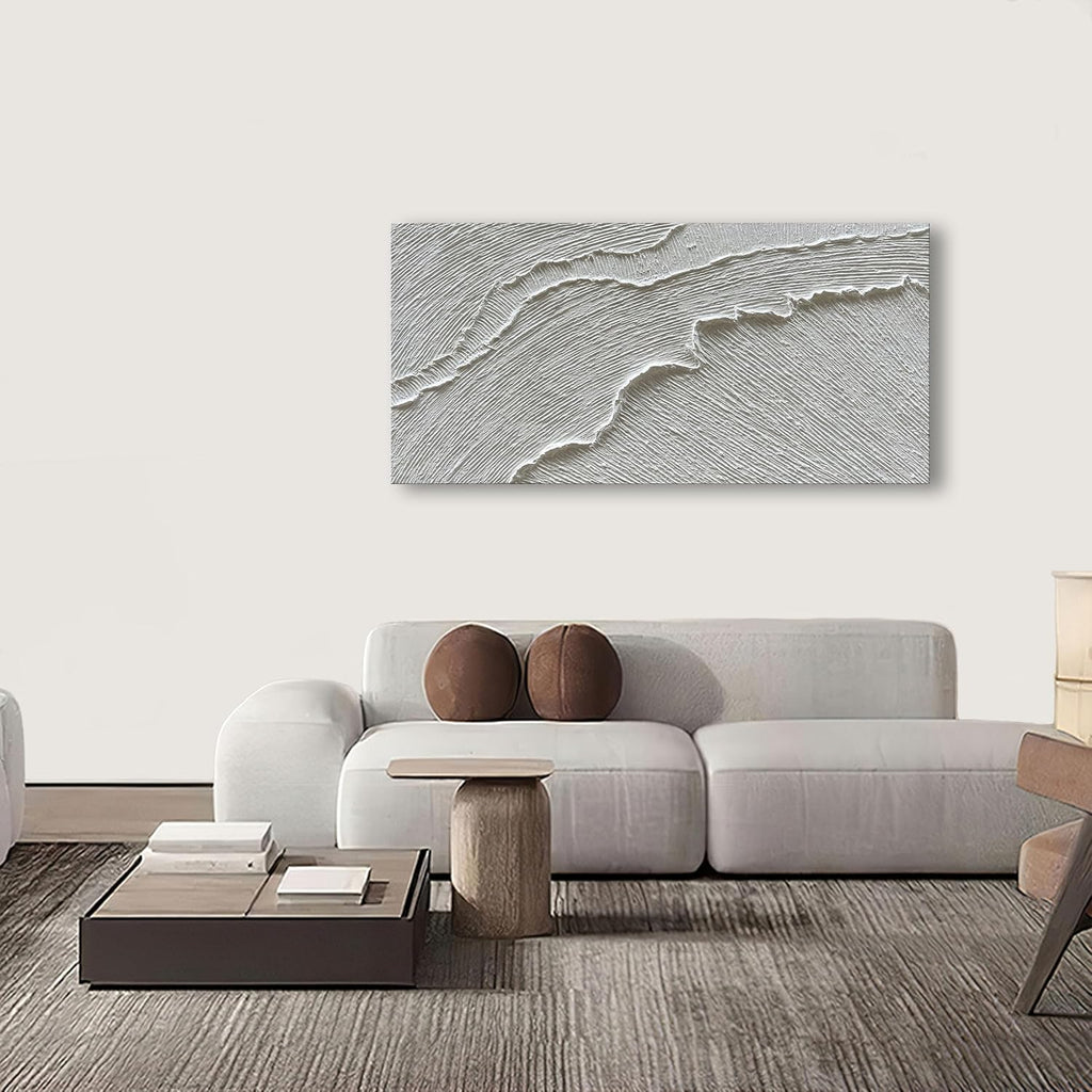 NANKAI Art A thickly Textured White Abstract Oil Painting Depicting a Beach Wave Landscape. Artwork Suitable for Decorating The Interior Wall as a Decorative Piece 24x48 inches