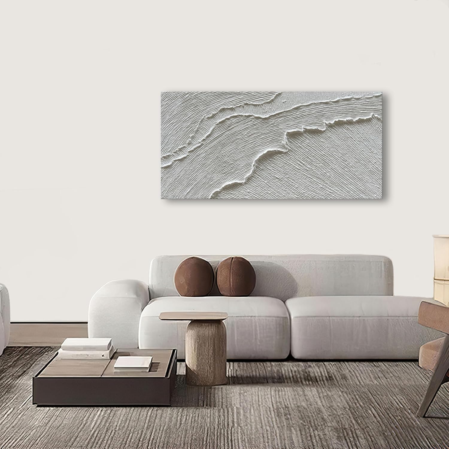 NANKAI Art A thickly Textured White Abstract Oil Painting Depicting a Beach Wave Landscape. Artwork Suitable for Decorating The Interior Wall as a Decorative Piece 24x48 inches
