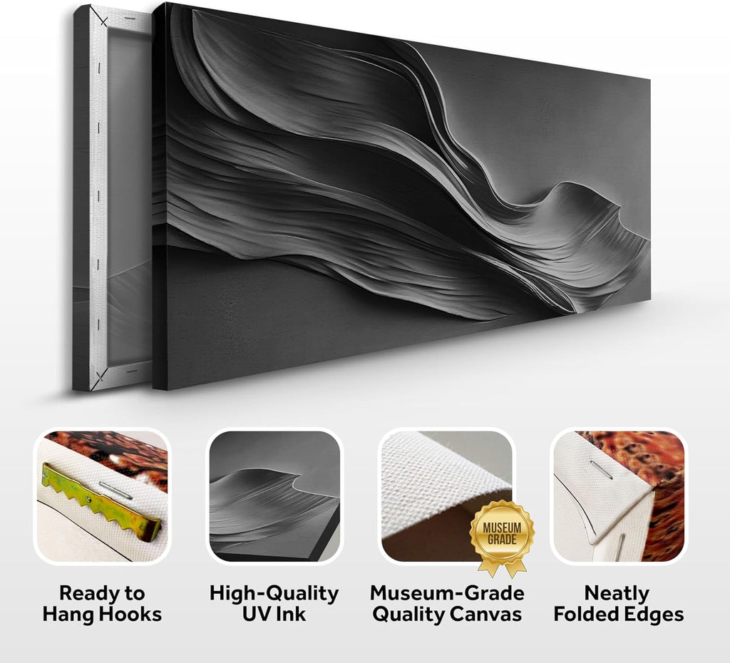TAILORED CANVASES Black Abstract Minimalist Wall Art – Modern Waves Design for Living Room or Office - Black Tones Canvas Painting Decor – Contemporary Wall Accent in Minimalist Abstract Style 60x30