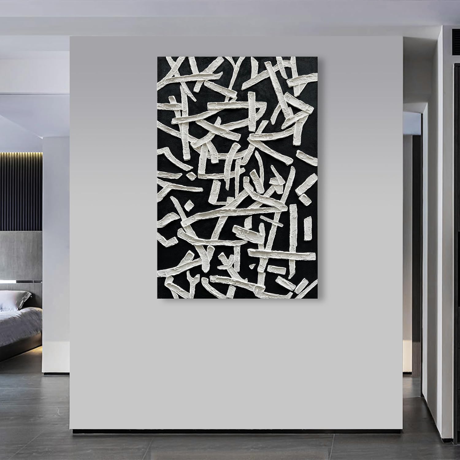 NANKAI Art Hand Painted Oil on Canvas in Black and White Modern Abstract Minimalist Oil Painting Home Wall Art Deco 45x30 inches