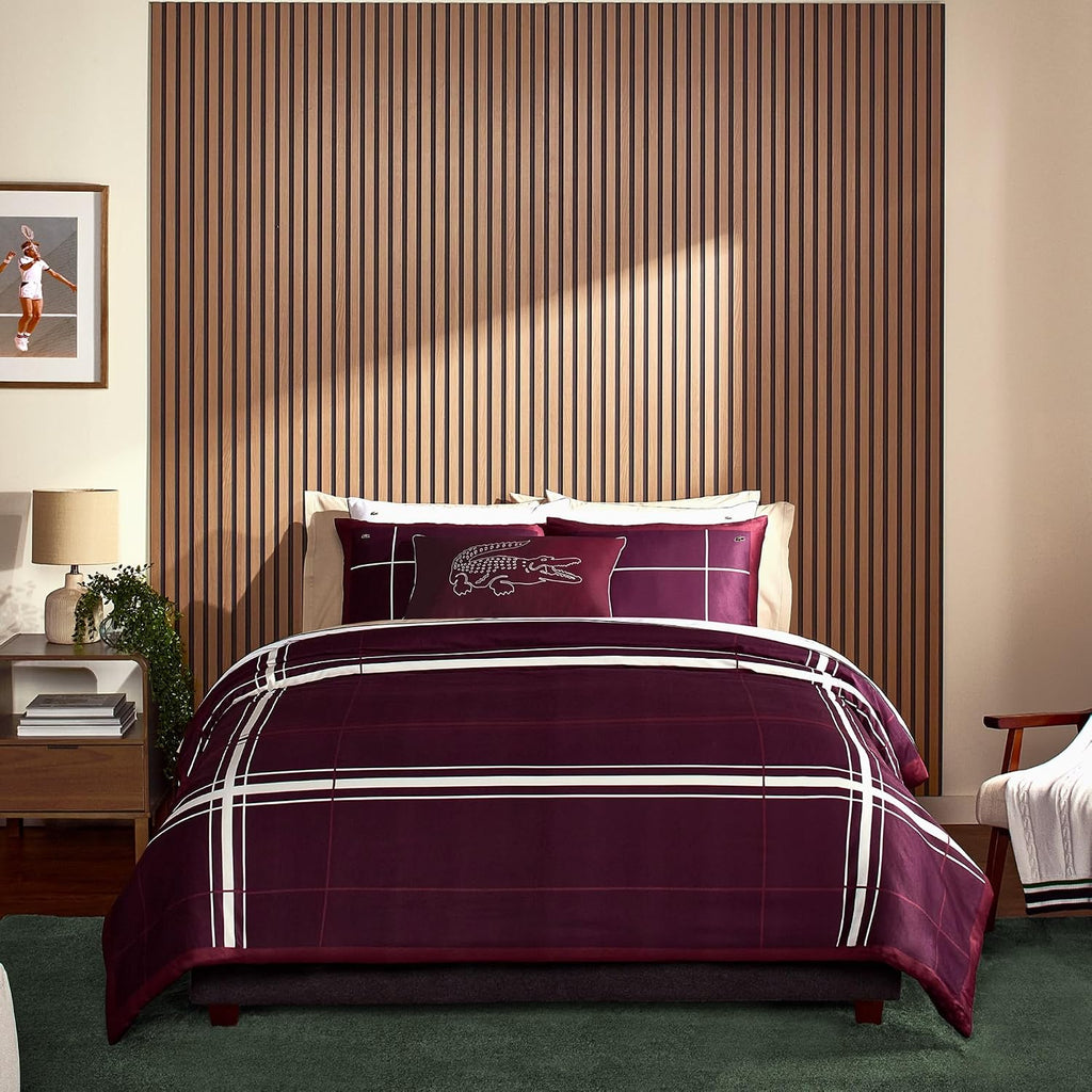 Lacoste Playful Checks Cotton Sateen 300-Thread Count Comforter Set – Medium Warmth, Oeko Tex Certified, Machine Washable, Burgundy, King