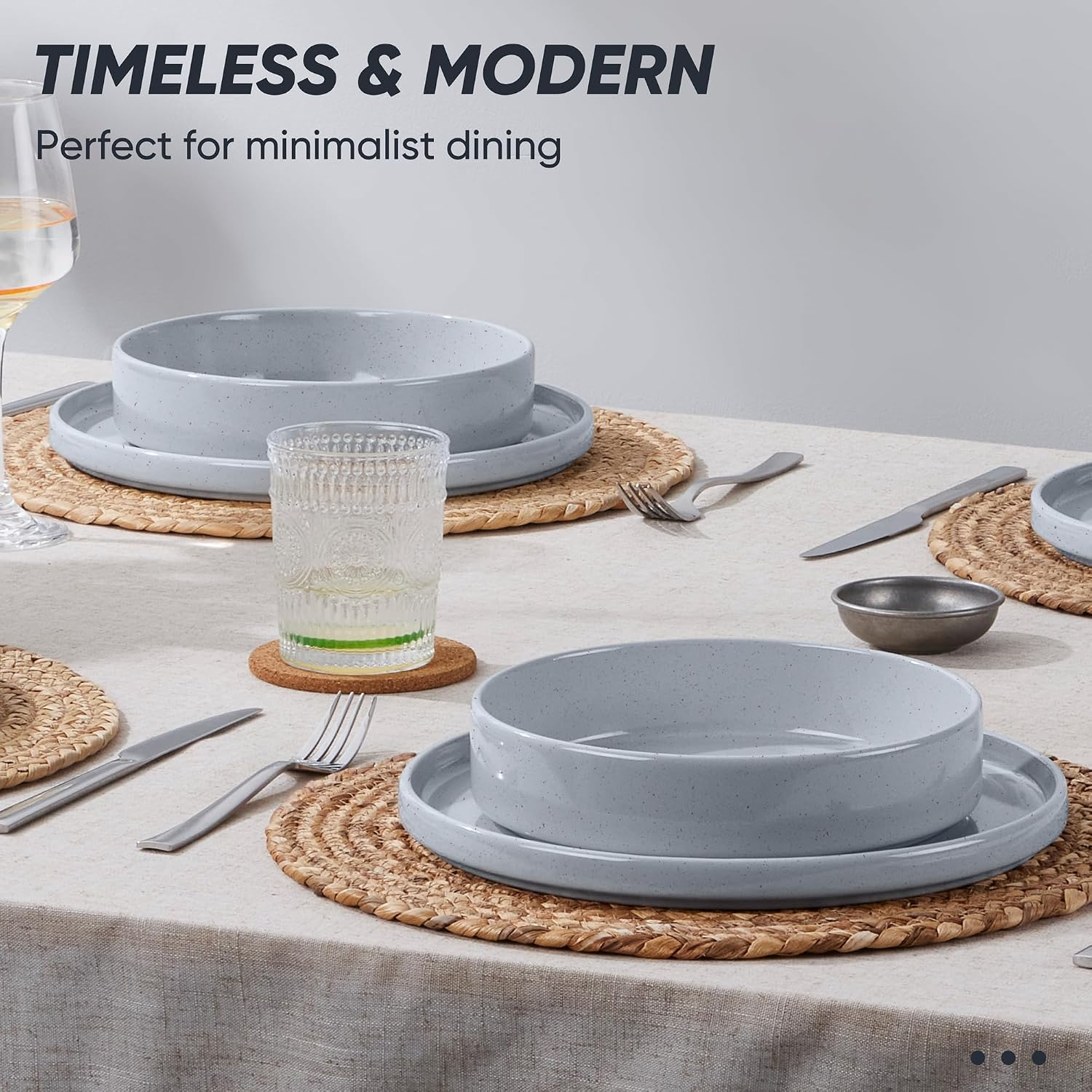 E-far Dinnerware Sets with Pasta Bowls, 24-Piece Stoneware Plates and Bowls Sets for 6 | Microwave & Dishwasher Safe Kitchen Modern Dish Set, Speckled Gray