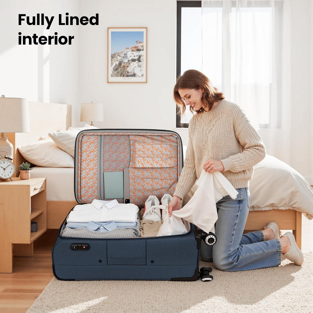 2-Piece Set Soft Shell Luggage w/Front Opening,Softside Luggage Sets w/Double Spinner Wheels &TSA LOCK,Expandable 20%,Lightweight Trolley Case,Luggage Rolling Suitcase for Men/Women（Navy,20in/26in）