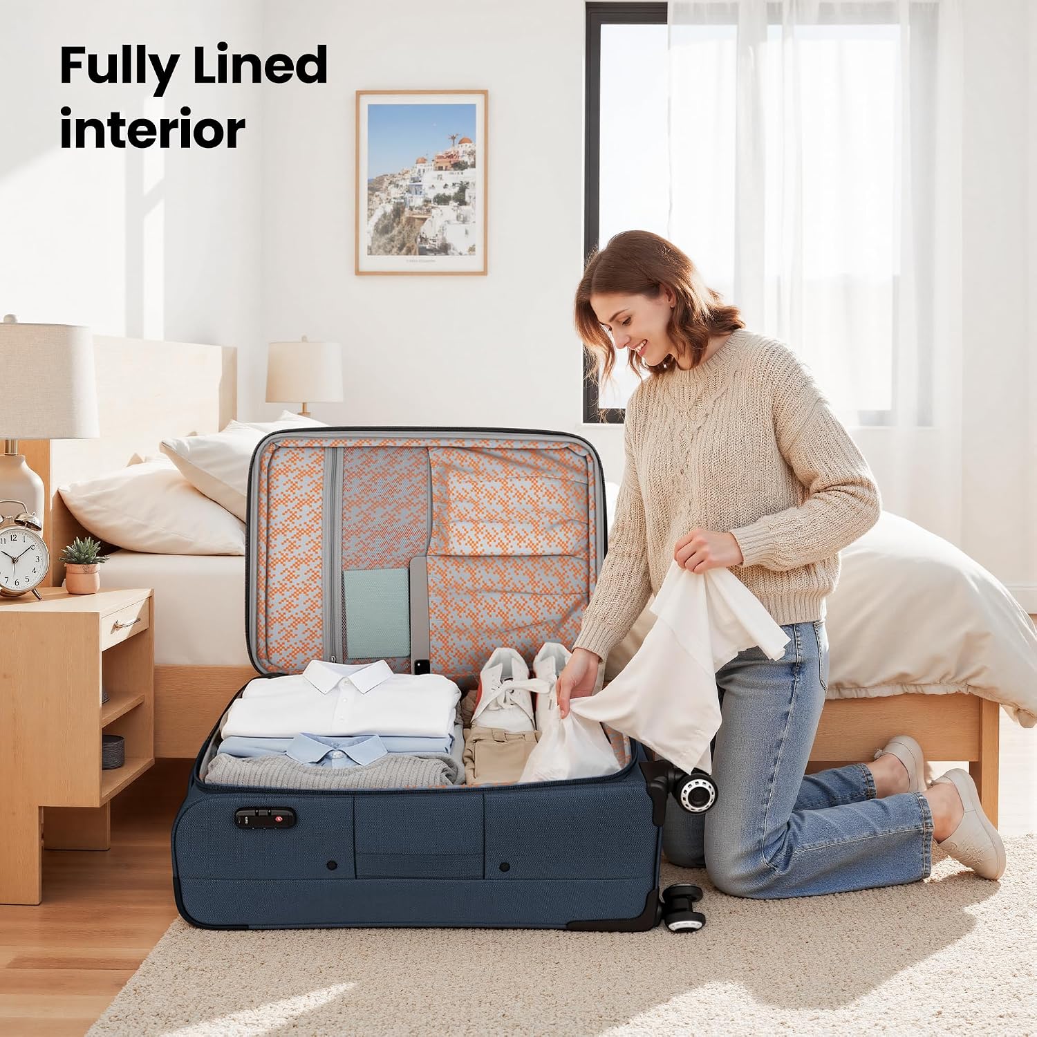 2-Piece Set Soft Shell Luggage w/Front Opening,Softside Luggage Sets w/Double Spinner Wheels &TSA LOCK,Expandable 20%,Lightweight Trolley Case,Luggage Rolling Suitcase for Men/Women（Navy,20in/26in）