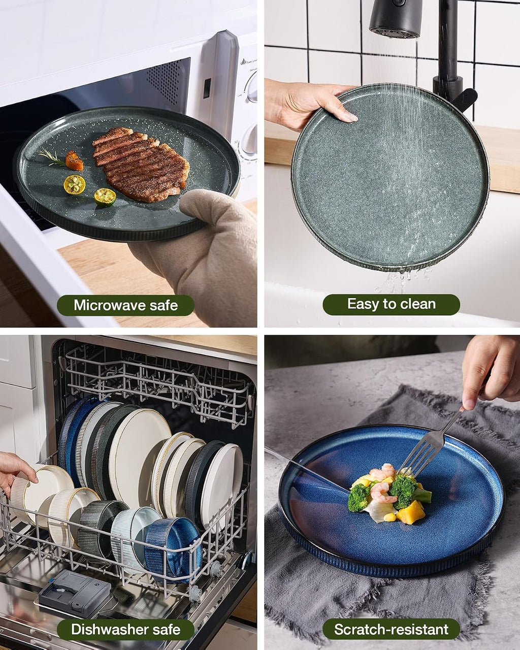 Famiware Star 24-Piece Plates and Bowls Set with Trim, Service for 8 - Stoneware Reactive Glaze Dinnerware, High Edge Ribbed Dishes, Chip & Scratch Resistant, Microwave & Dishwasher Safe, Deep Forest