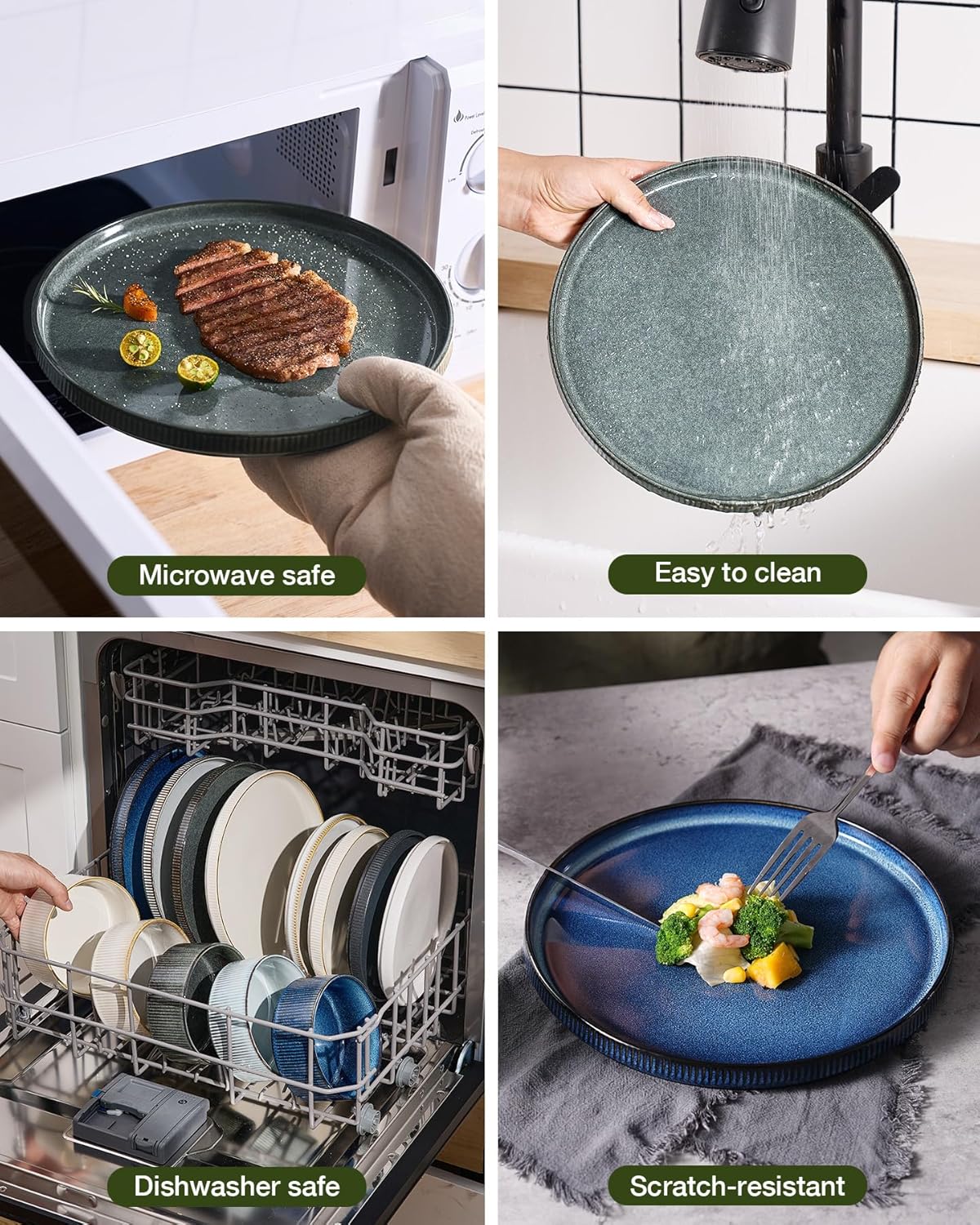 Famiware Star 18-Piece Reactive Glaze Plates and Bowls Sets, Service for 6 - Stoneware Dinnerware with Trim, Modern Rustic Dishes, Chip & Scratch Resistant, Microwave & Dishwasher Safe, Deep Forest