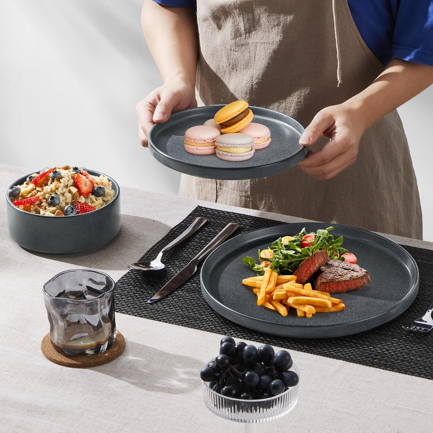 E-far Dinnerware Sets with Pasta Bowls, 24-Piece Stoneware Plates and Bowls Sets for 6 | Microwave & Dishwasher Safe Kitchen Modern Dish Set, Deep Gray