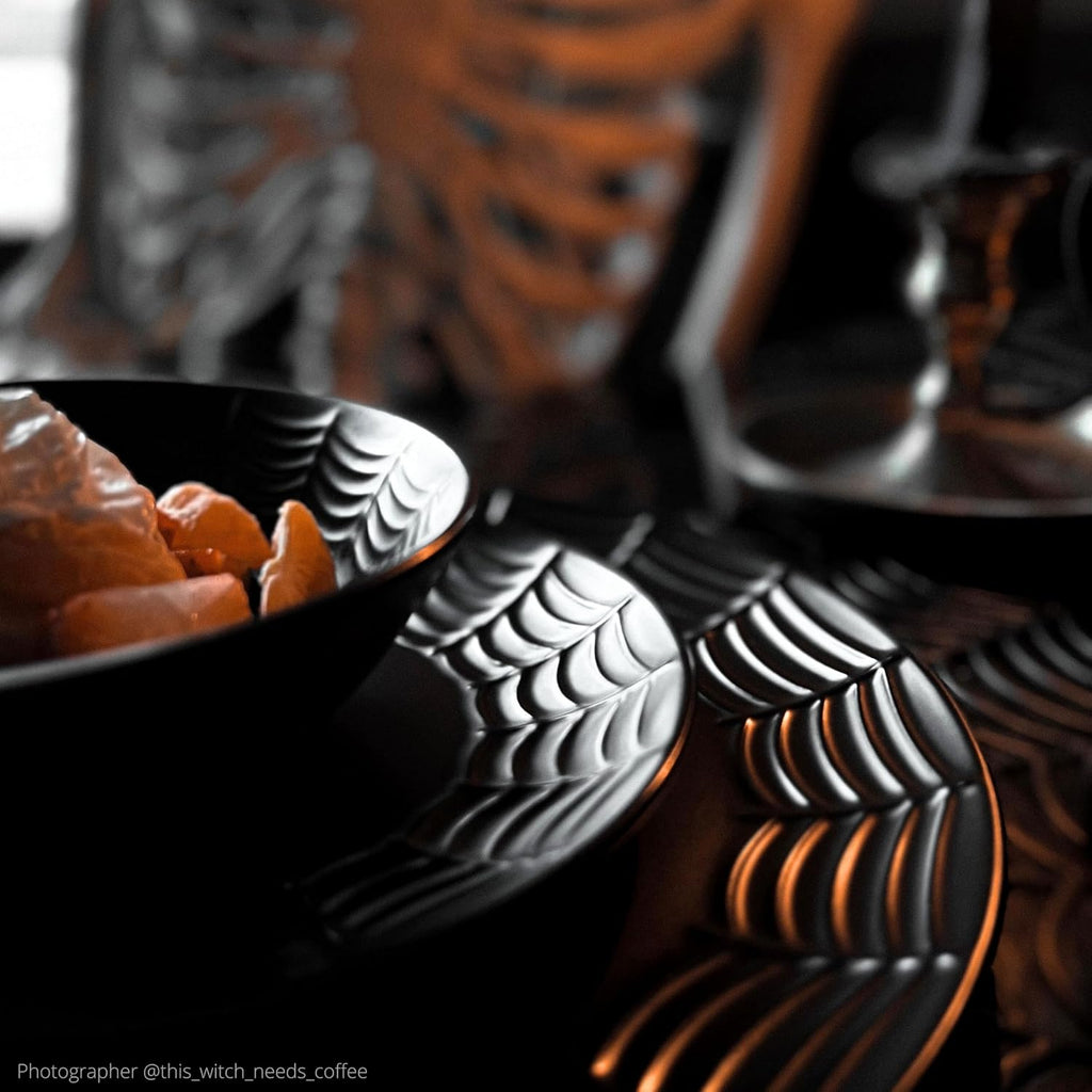 Nomnu Spiderweb Dinnerware Set (16 Pieces) - Goth Dinnerware Set - Black Matte Porcelain - 4 Dinner Plates 4 Salad Plates 4 Bowls 4 Mugs - Halloween Spooky Dishes Gothic Kitchen Decor Gifts