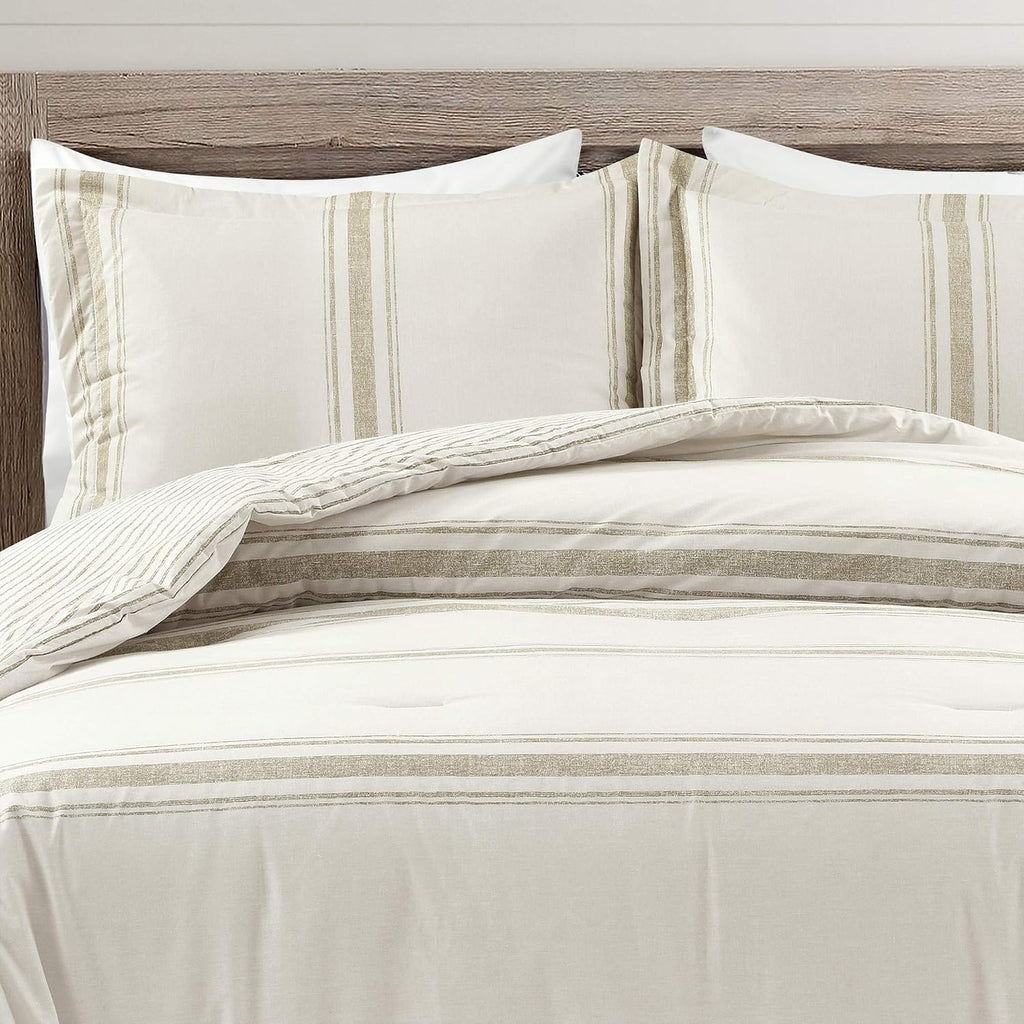 Lush Decor Farmhouse Stripe Reversible Cotton Comforter Set, 3 Piece Set, King, Neutral - Cozy Farmhouse Bedding Set - Rustic Decor - Striped Comforter - Modern Farmhouse Bedroom Decor