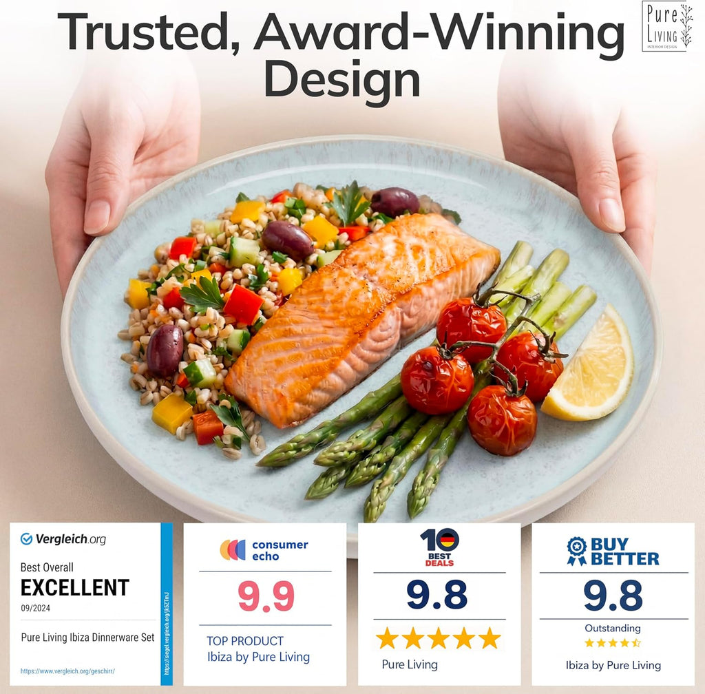Stoneware dinnerware set 8 persons 32 pcs – Modern style plates and bowls set ceramic – Dishwasher safe and scratch resistant – Bowl and plate set – Dinner service Pure Living beige & blue