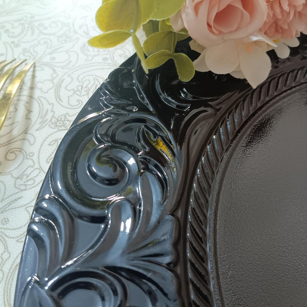 13' Elegant Charger Plate Durable Plastic Dinner Plates Set - 6/50/100 PCS Retro European Style in Gold, Silver, Black & Clear for Wedding, Party, Christmas Table Decoration