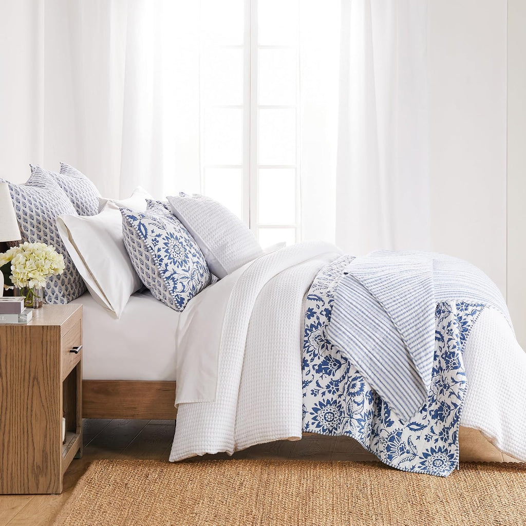 Levtex Home - Clara Blue Quilt Set - Full/Queen Quilt and Two Standard Shams - Floral - Blue White - Quilt (88x92in.) and Shams (20x26in.) - Reversible - Cotton