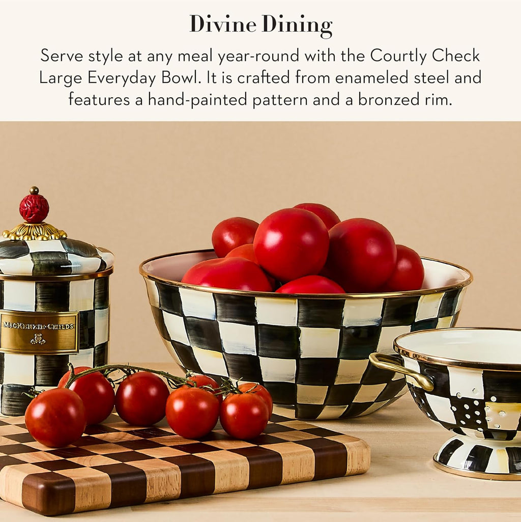 MACKENZIE-CHILDS Enamel Everyday Bowl, Serving Bowl for Entertaining, Large, Black-and-White Courtly Check, Set of 1