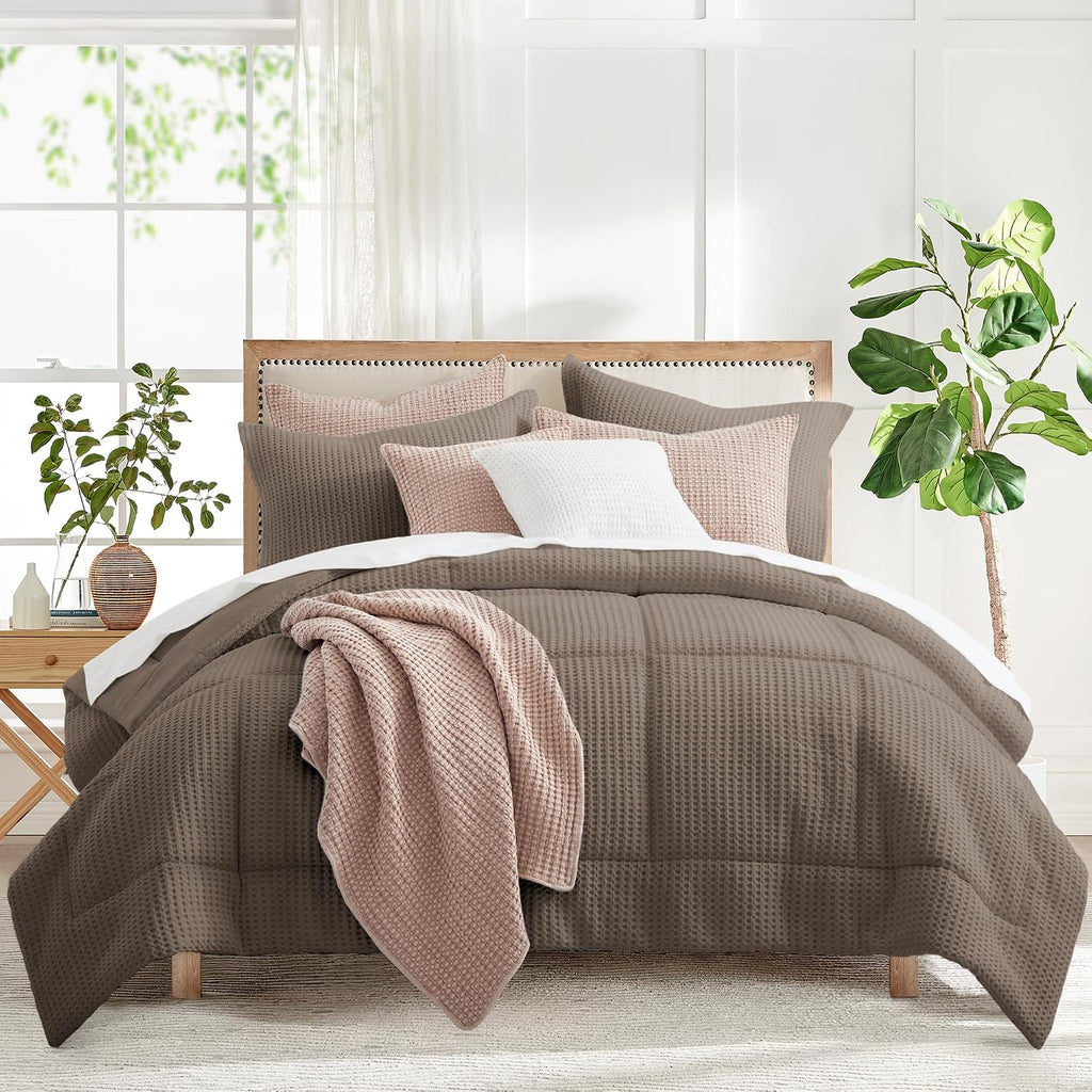 Levtex Home Mills Waffle Full/Queen Comforter Set (90x94in) with 2 Pillow Shams (26x20in) - Latte - 100% Cotton Full/Queen Size Comforter Set - Soft, Pre-Washed