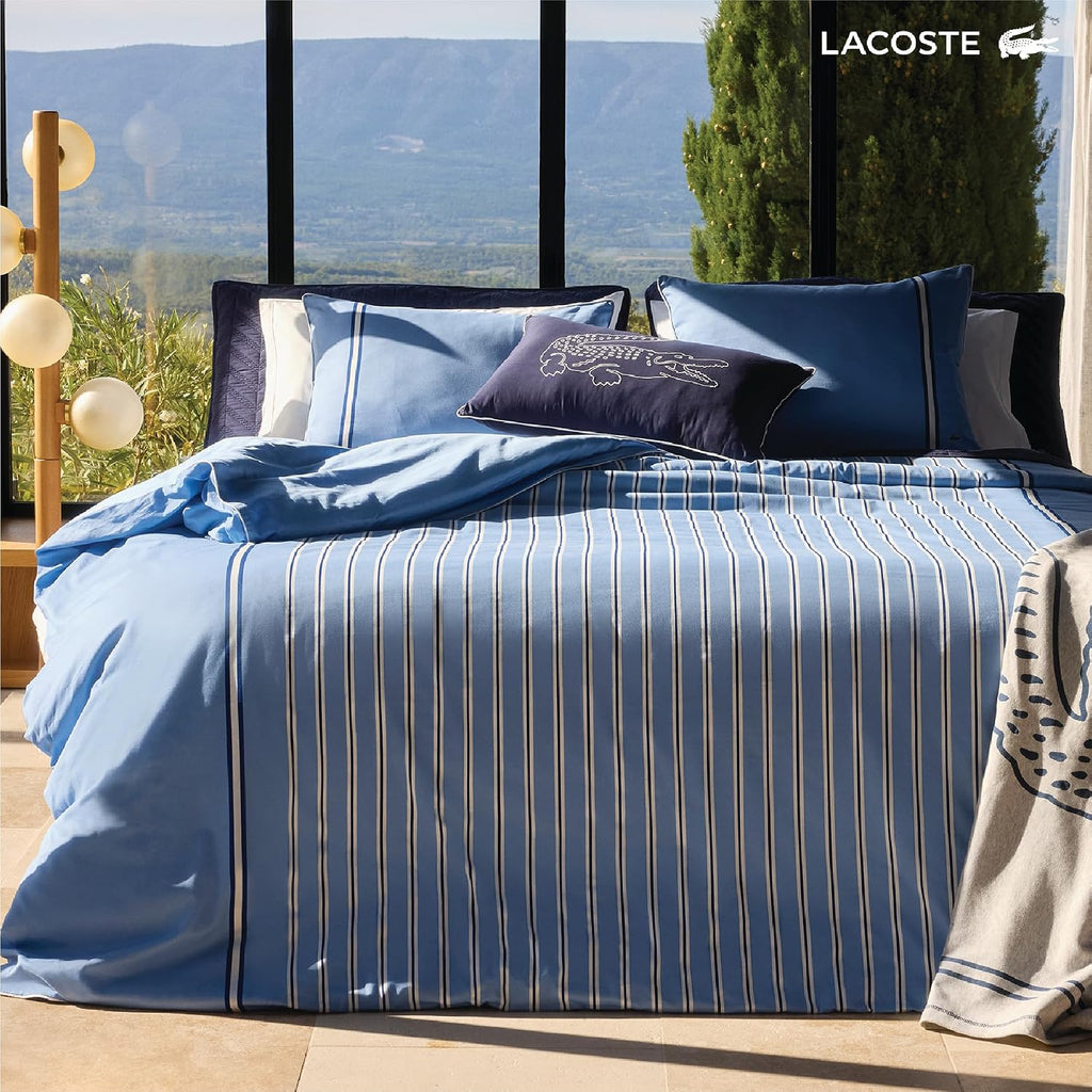 Lacoste Hollis Stripe Comforter Set, 100% Cotton Brushed Twill, Reversible Duvet with Pillow Shams, Soft & Fluffy Hotel-Style Bedding, Blue, King