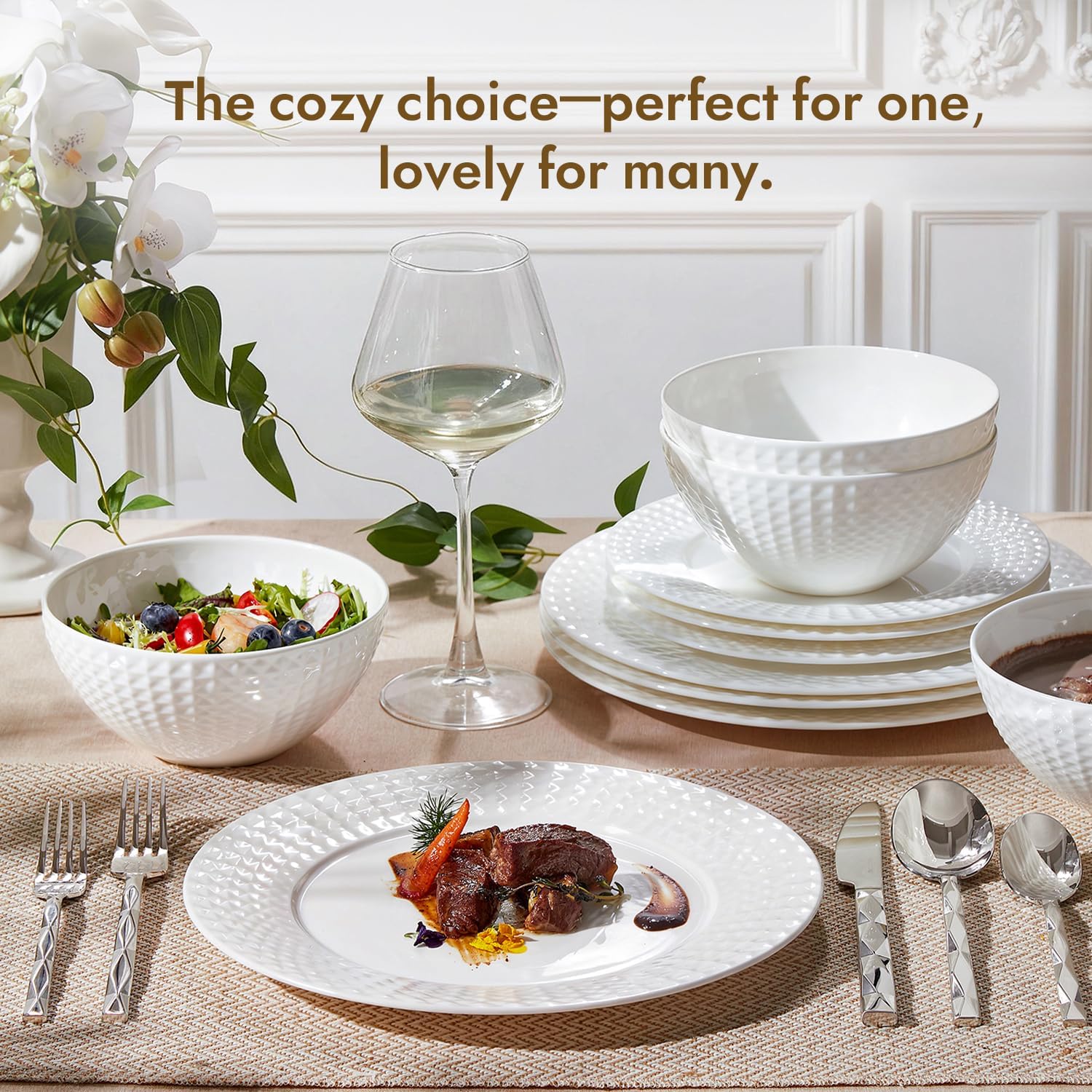 KINGSTONE 12-piece Bone China Dinnerware Set and 20-piece silverware, White Lightweight Porcelain for 4, Plates, Bowls with matching flatware, Microwave and Dishwasher Safe, for Family, Gifting