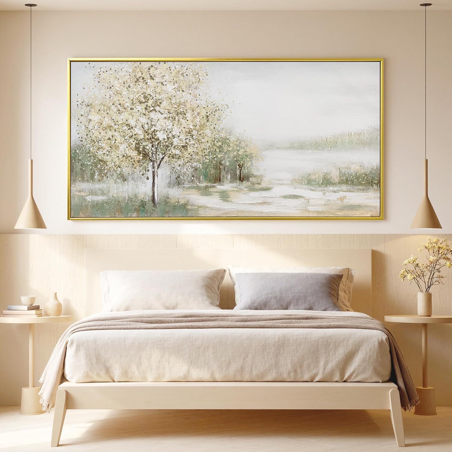 Canvas Wall Art Decor Large Green Wall Art for Living Room Natural Landscape Wall Art Decor Canvas Art Wall Decor Gold Framed Wall Art Prints for Room Bedroom Office Decor 29'X58'