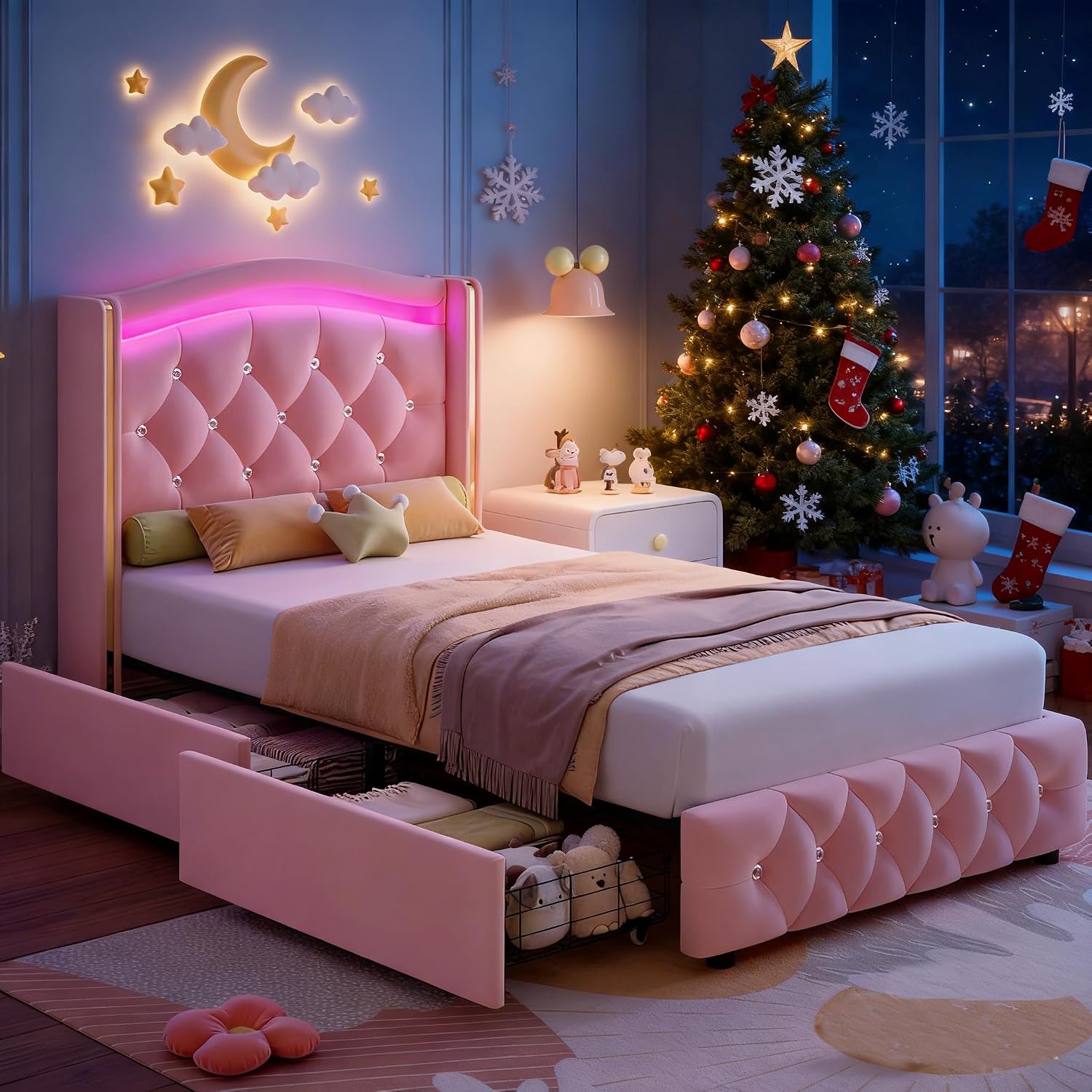 HIFIT Upholstered Twin LED Bed Frame with Crystal Button-Tufted Headboard and 4 Storage Drawers, Velvet Princess Twin Size Platform Bed Frames for Kids/Girls, No Box Spring Needed, Easy Assembly, Pink