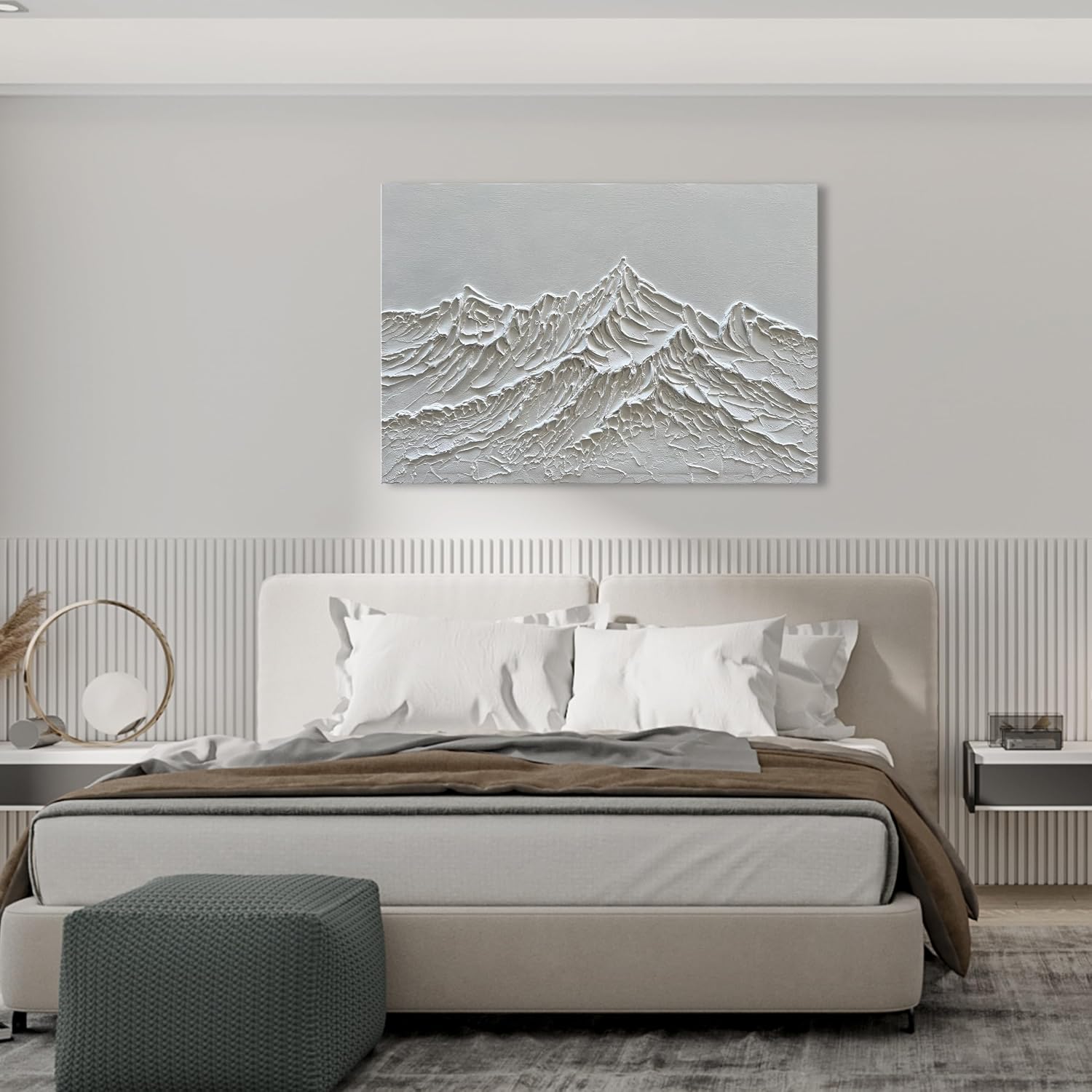 NANKAI Art Hand-Painted Snow Mountain Landscape Oil Painting White Modern Abstract Canvas Art Mural Family Wall Art Deco 30x45 inches