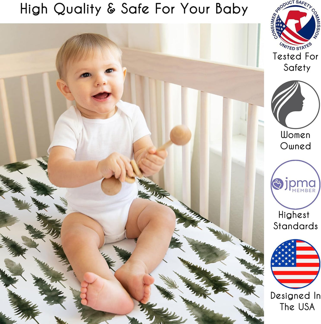 Sweet Jojo Designs 4-Piece Baby Crib Bedding Set (Sage Green Woodland) for Boys or Girls, Infants/Nursery incl. Blanket, Fitted Sheet, Skirt, Diaper Stacker (Forest Nature, Pine Tree, Christmas Trees)