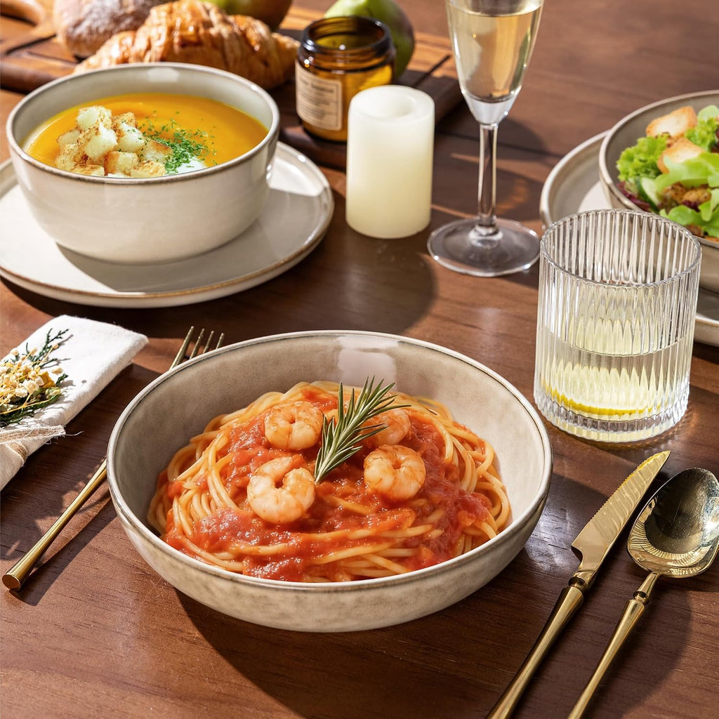 GBHOME 24 Pieces Double Bowls Ceramic Dinnerware Sets for 6, Stoneware Plates and Bowls Set with Reactive Glaze, Scratch Resistant Stoneware Dishes Set, Dishwasher & Microwave Safe