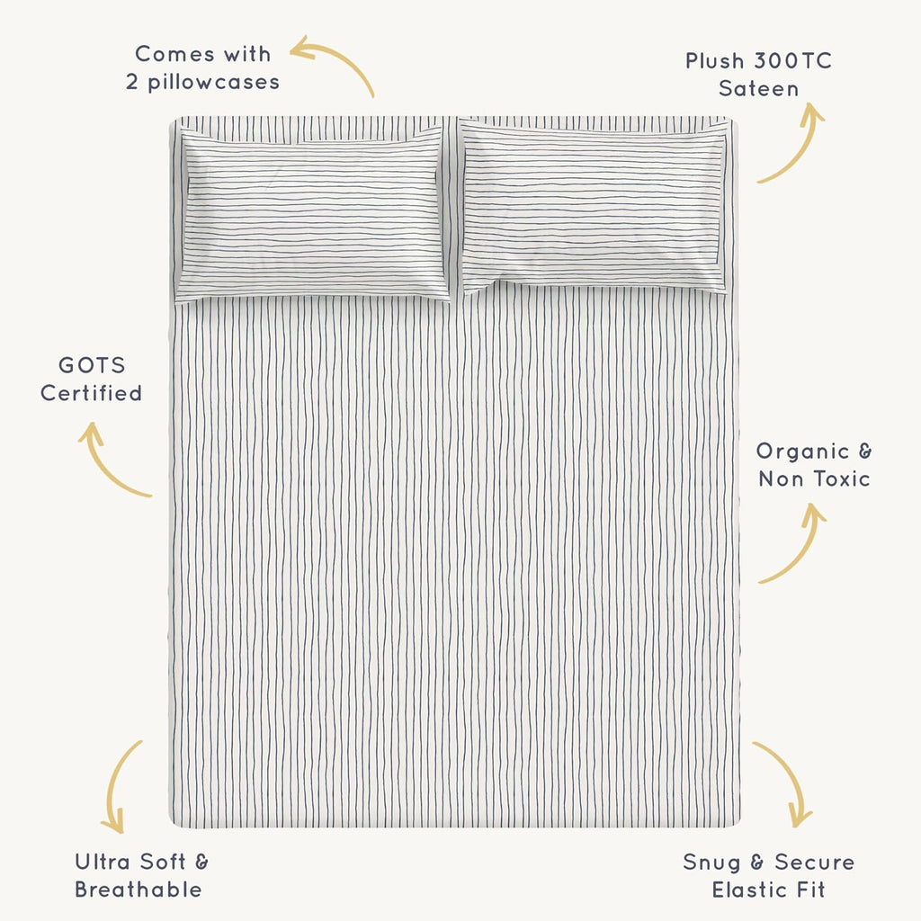 MakeMake Organics Organic Sheets (4 Piece) GOTS Certified Organic Cotton Queen Sheets Set Dreamy Soft Fitted Sheet Flat Sheet 2 Pillow Cases Kids Room (Queen, Blue Stripes)