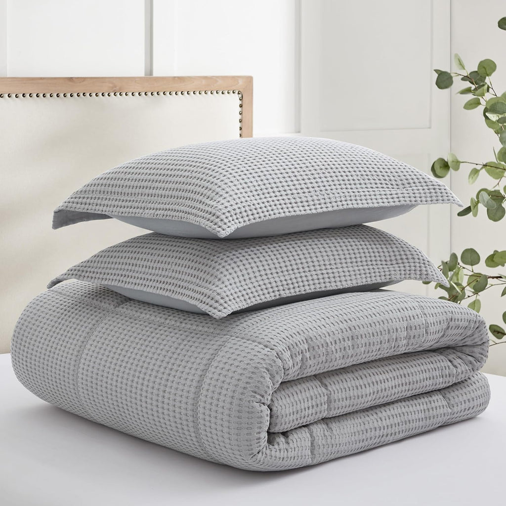 Levtex Home Mills Waffle Full/Queen Comforter Set (90x94in) with 2 Pillow Shams (26x20in) - Grey Pewter - 100% Cotton Full/Queen Size Comforter Set - Soft, Pre-Washed