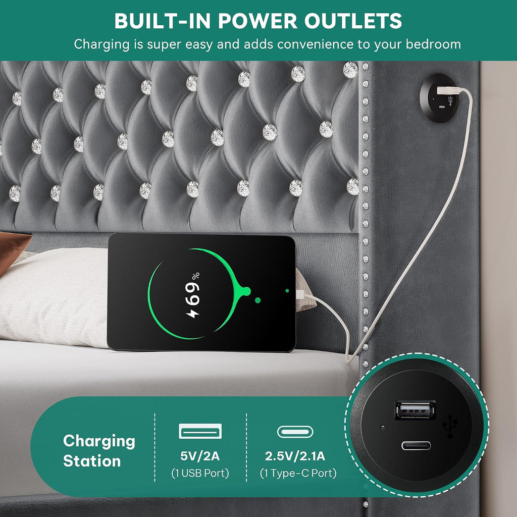 YITAHOME Queen Size Bed Frame with 58' Tall Headboard, Storage Headboard Bed with USB Charging Stations, Type-C Port, Velvet Upholstered Beds with Deep Button Tufted, No Box Spring Needed, Grey