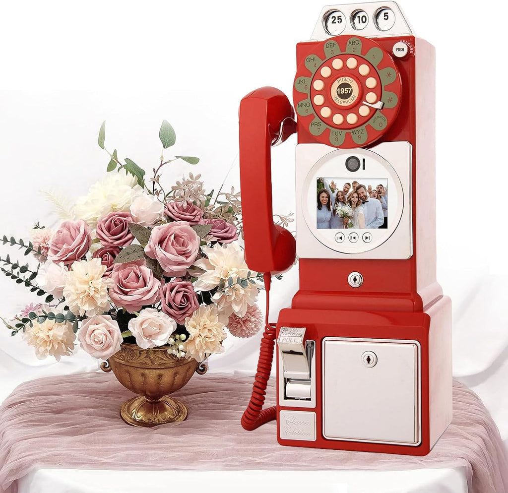Video Audio Guest Book Wedding Phone, Audio Phone Guestbook, Five Levels Brightness, Can Record for 6-7 Hours, 1080p HD Retro Video Guestbook, for Wedding Graduation,Red-32GB