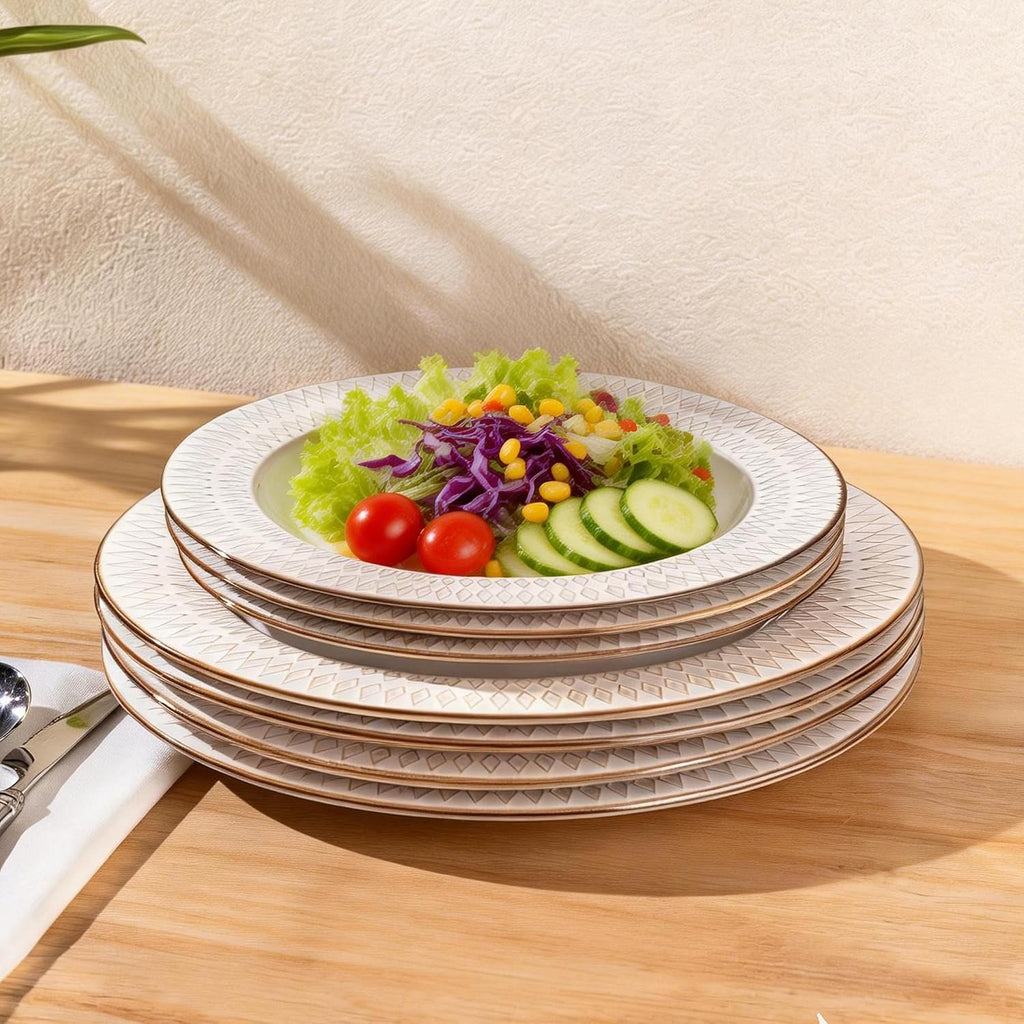 GBHOME Ceramic Dinnerware Sets, 24 pcs Embossed Elegant Stoneware Plates and Bowls Sets, Housewarming Wedding Gift | Dishwasher & Microwave Safe | Dishes Set Service for 8