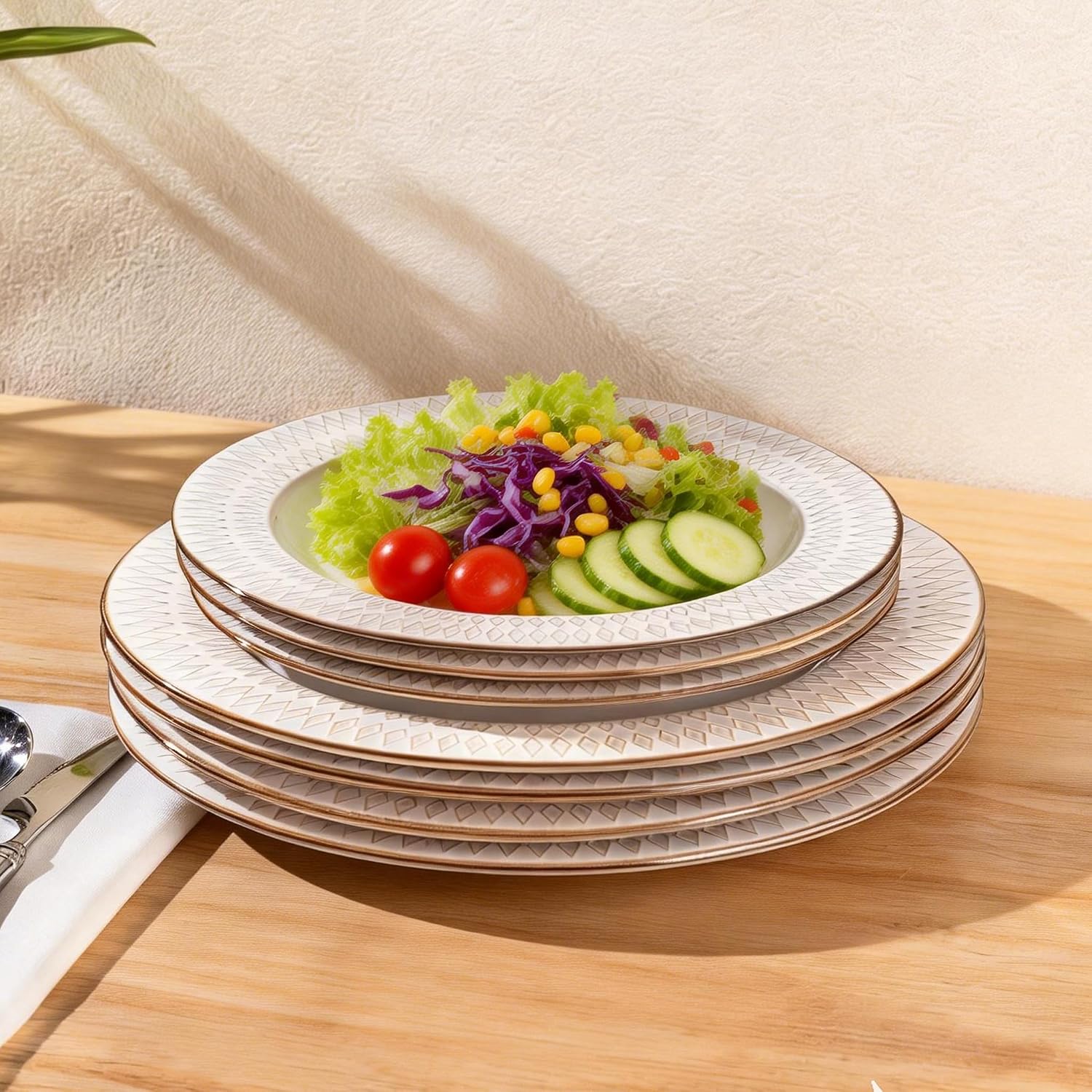 GBHOME Ceramic Dinnerware Sets, 24 pcs Embossed Elegant Stoneware Plates and Bowls Sets, Housewarming Wedding Gift | Dishwasher & Microwave Safe | Dishes Set Service for 8
