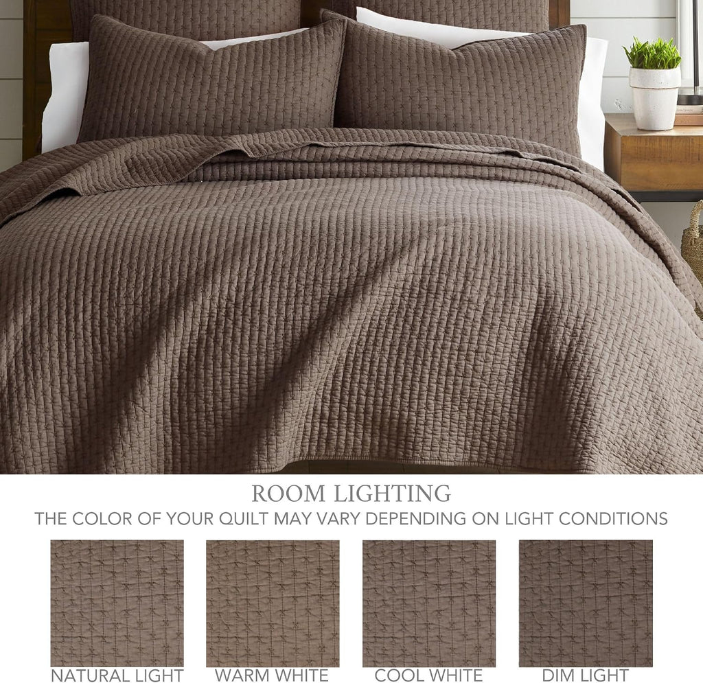 Levtex Home Cross Stitch Reversible Full/Queen Quilt Set (88x92in) with 2 Pillow Shams (26x20in) - Stitch Texture - Cocoa - Cotton Full/Queen Size Quilt Bedding Set - Lightweight, Soft, Pre-Washed