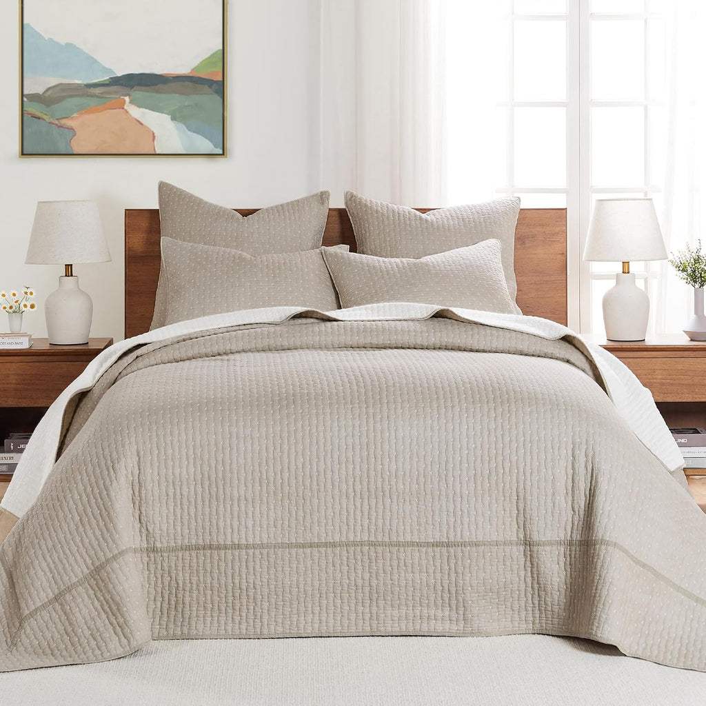 Levtex Home Cross Stitch Reversible Queen Bedspread Set (104x106in) with 2 Pillow Shams (26x20in) - Stitch Texture - Taupe - Cotton Queen Size Bedspread Set - Lightweight, Soft, Pre-Washed
