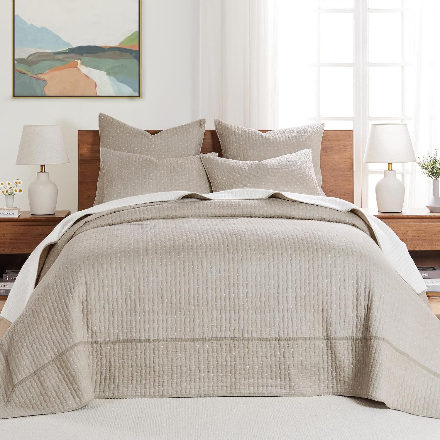 Levtex Home Cross Stitch Reversible Queen Bedspread Set (104x106in) with 2 Pillow Shams (26x20in) - Stitch Texture - Taupe - Cotton Queen Size Bedspread Set - Lightweight, Soft, Pre-Washed