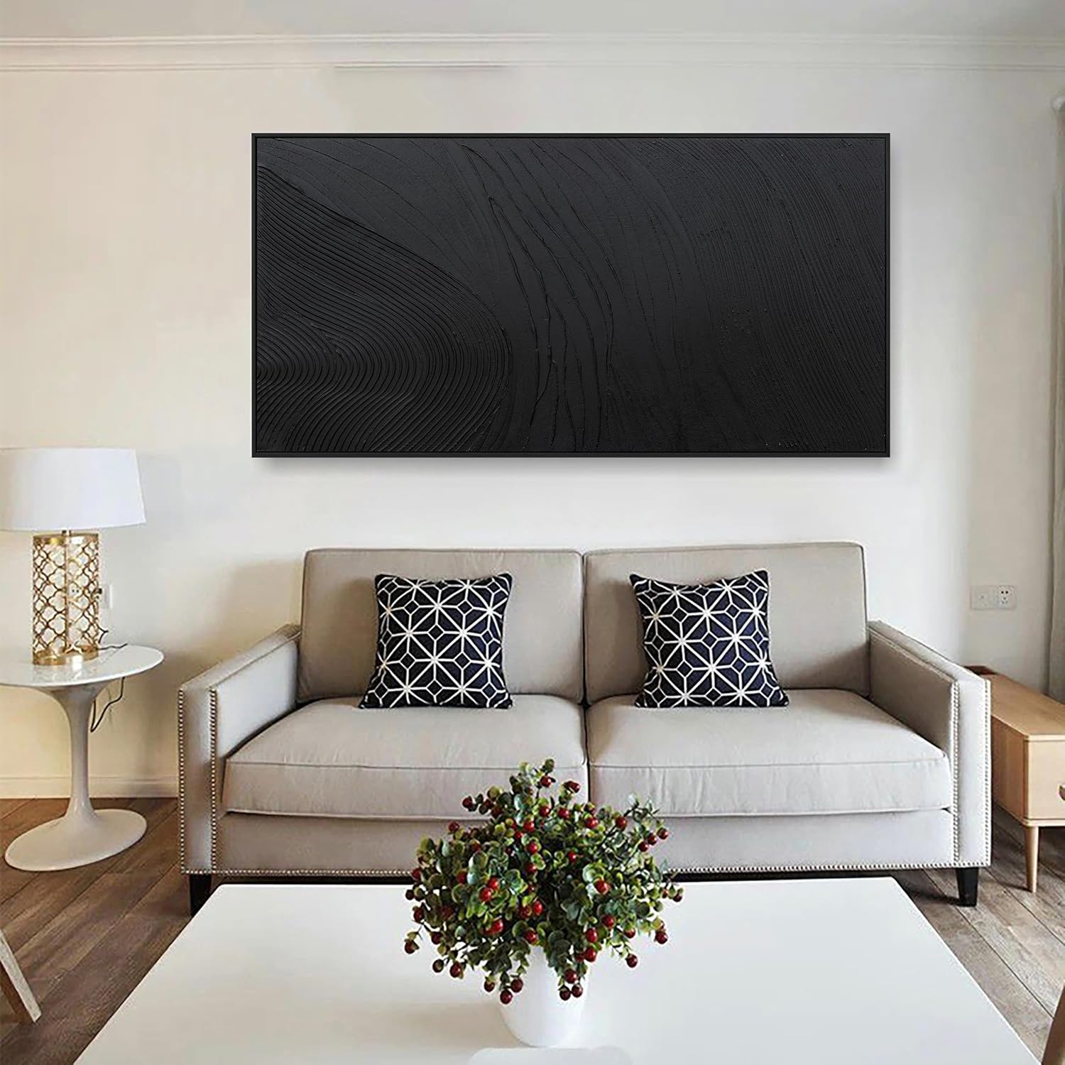 Framed Abstract Wall Art For Living Room Wall Decor Artwork 48' W X 24' H Black Hand Painted Line Texture Canvas In Large Abstract Artwork For Living Room Bedroom Office Modern Glam Decor Ready To Hang