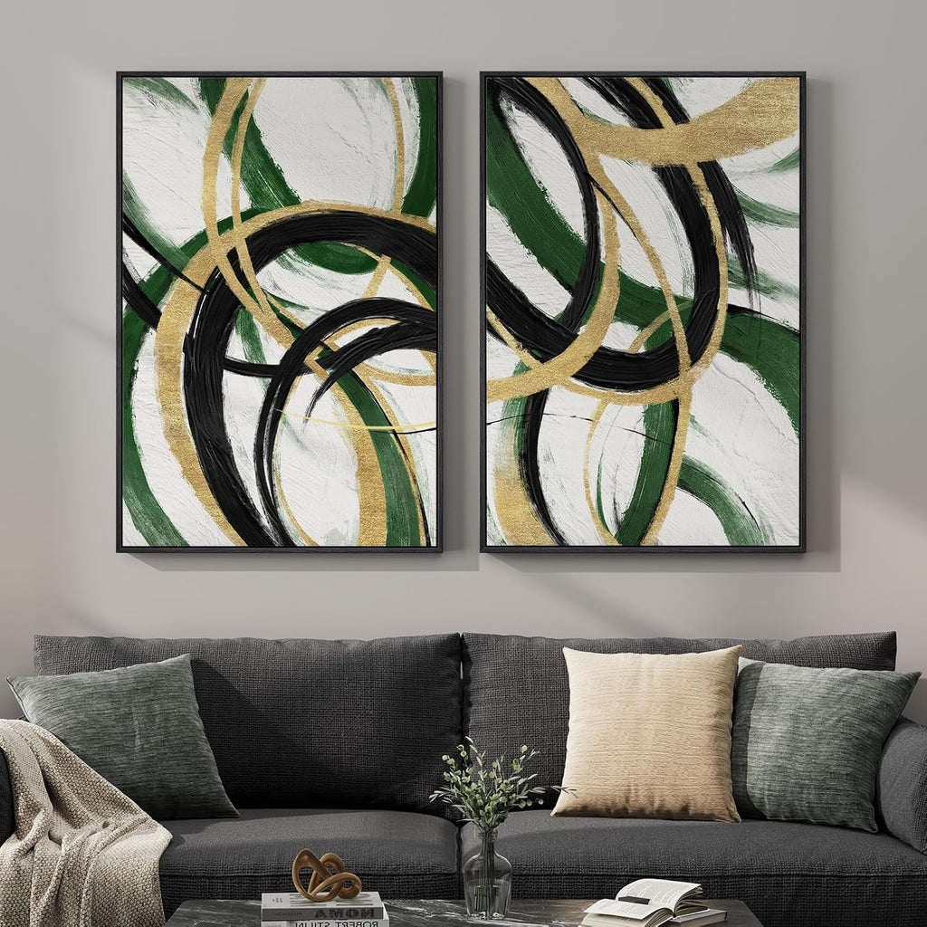Framed Green Abstract Wall Art Set of 2 for Living Room, Large Green Gold and Black Canvas Artwork for Walls, Modern Luxury Painting Print for Bedroom Dining Room Office Hallway Wall Decor, 24x36 Inch