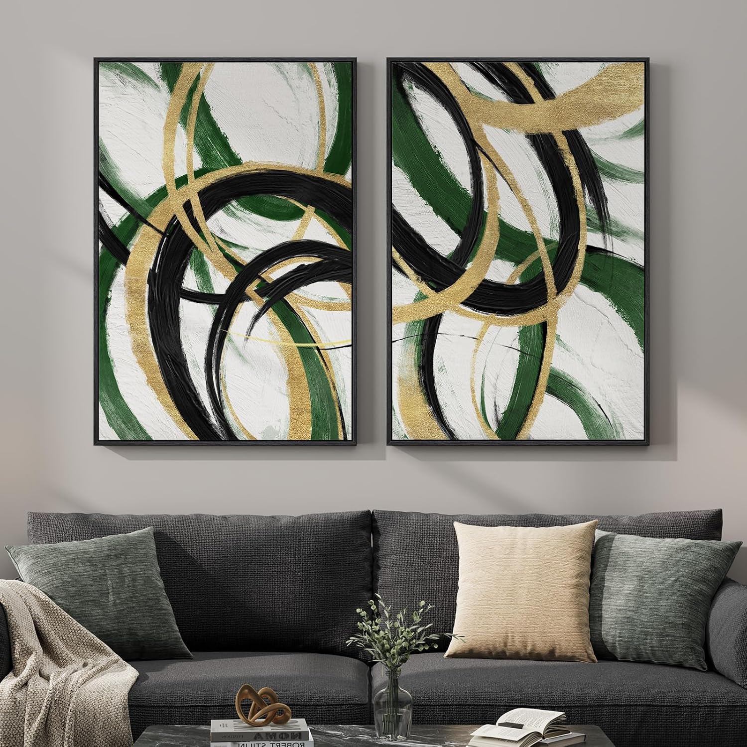 Framed Green Abstract Wall Art Set of 2 for Living Room, Large Green Gold and Black Canvas Artwork for Walls, Modern Luxury Painting Print for Bedroom Dining Room Office Hallway Wall Decor, 24x36 Inch