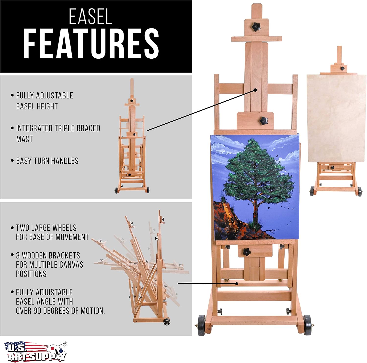 U.S. Art Supply Master Multi-Function Studio Artist Wooden Floor Easel - Large Heavy Duty Adjustable H-Frame, Tilts Flat, Mast Adjusts to 97' High - Beechwood Painting Canvas Holder Stand with Wheels