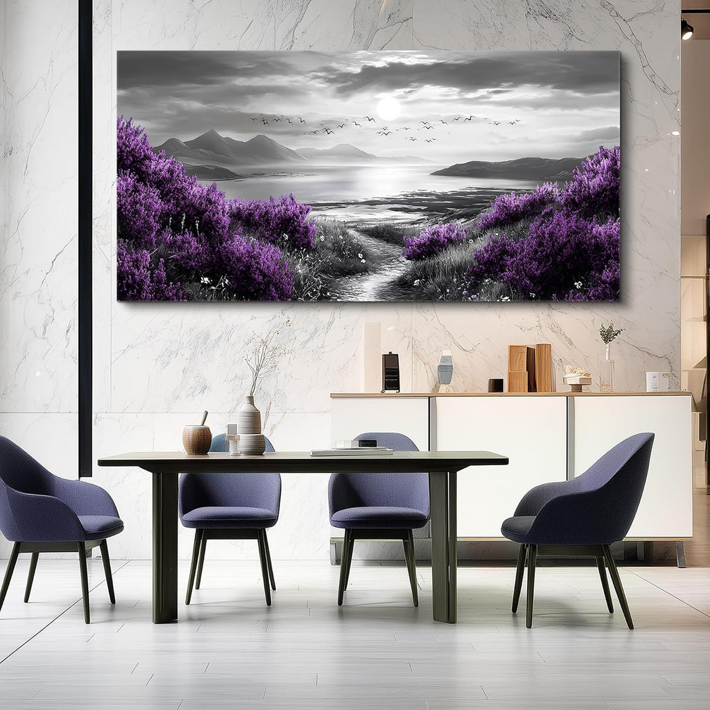 FUHAIHUA Canvas Wall Decor for Office Large Wall Art for Living Room Modern Bedroom Wall Decoration Purple Flowers Landscape Pictures Black and White Scenery Paintings Artwork Aesthetic Home Decor